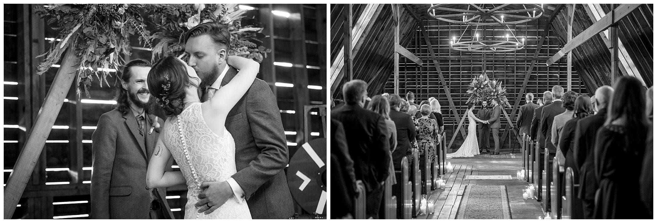 black and white photo of bride and groom's first kiss at wedding ceremony Asheville wedding photographer Kathy Beaver