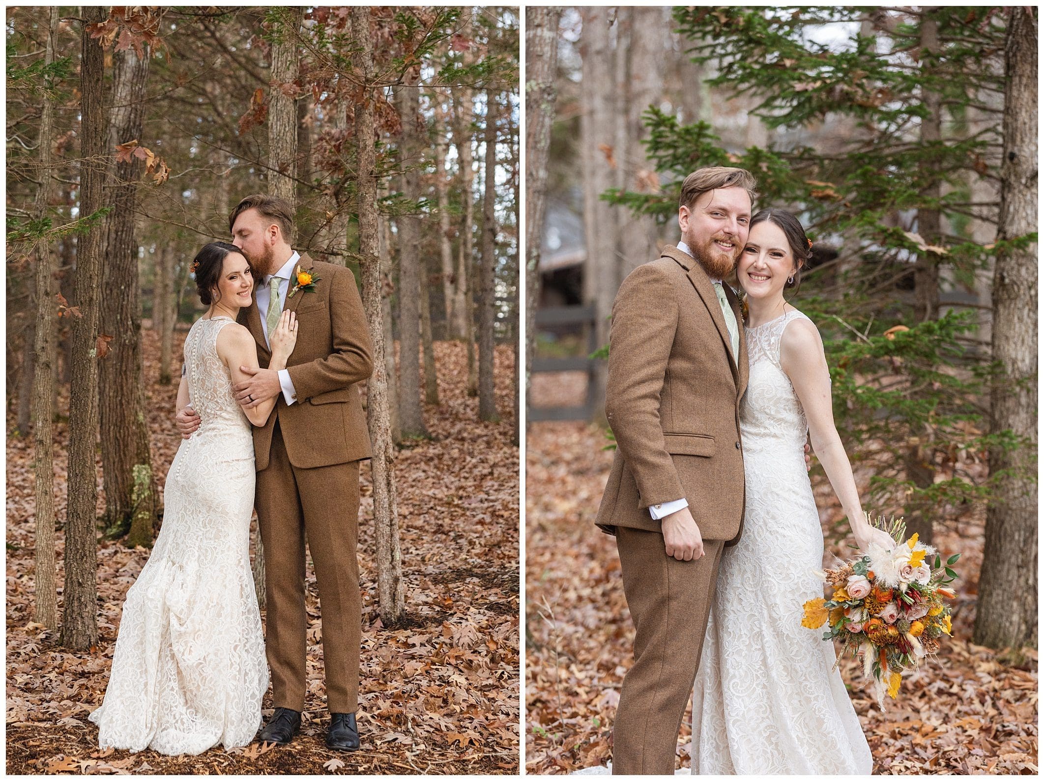 bride and groom photos for their organic fall wedding surrounded by pine trees and a floor of fall leaves