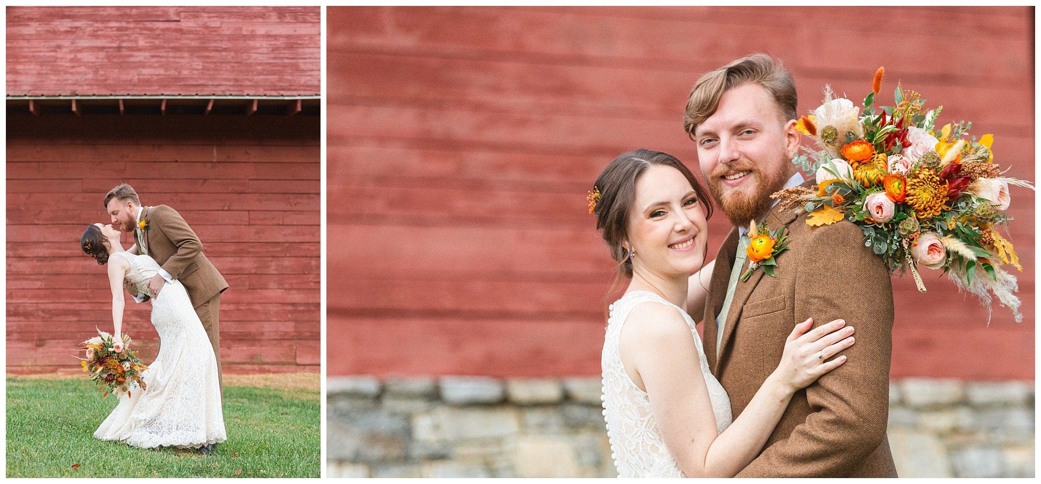 Bride and groom taking couples photos in front of red barn at Honeysuckle Hill in Asheville, NC