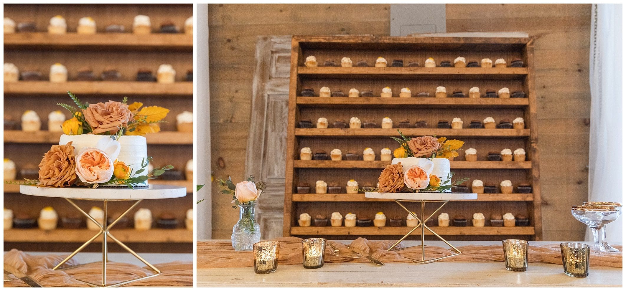 organic fall wedding details surround the cake and cupcaes at Asheville wedding venue honeysuckle hill