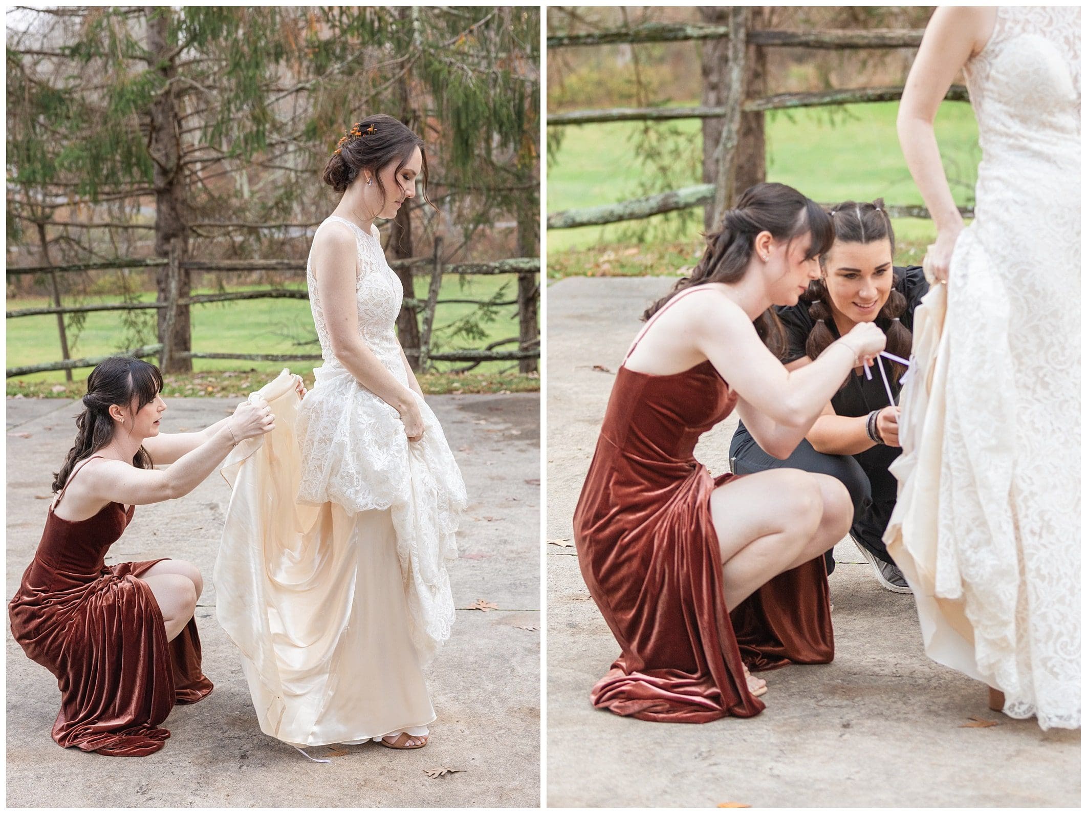 brides dress being bustled at Asheville, NC