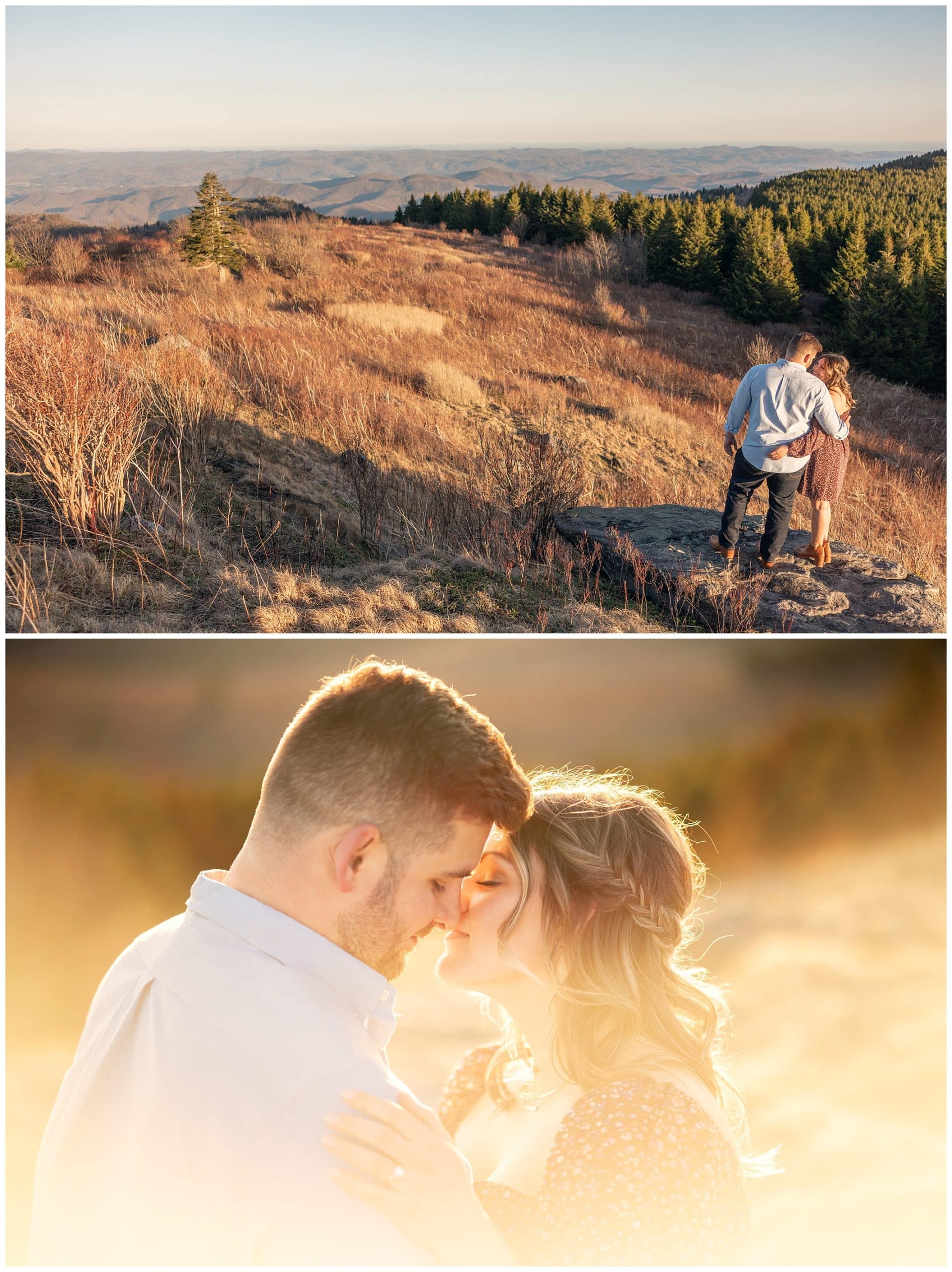 Asheville photographer Kathy Beaver takes engagement photos with mountain views during the golden hour