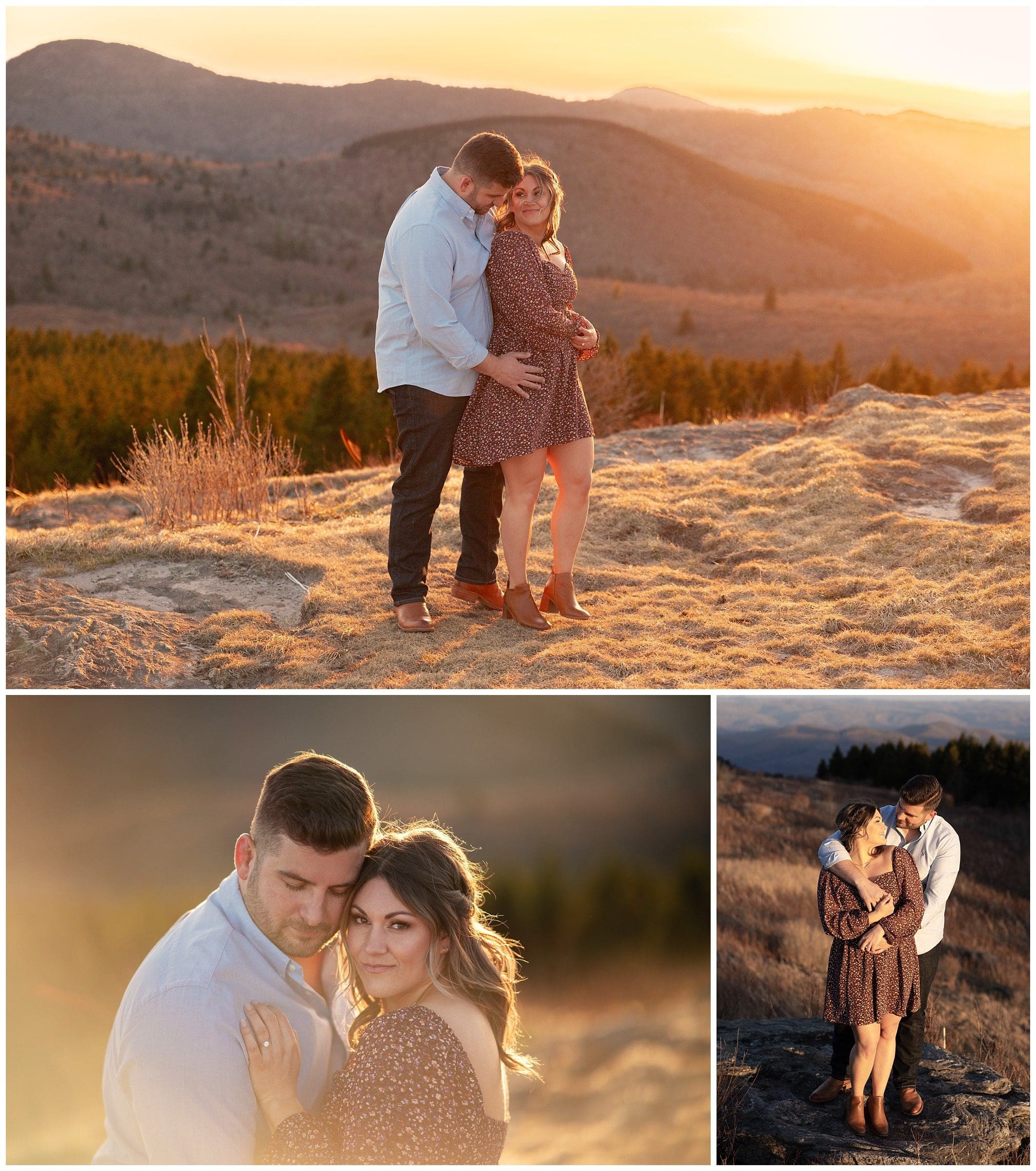 Joyful, fun engagement photos on the mountain top with warm golden light surround the mountain and the couple- photography by Kathy Beaver 