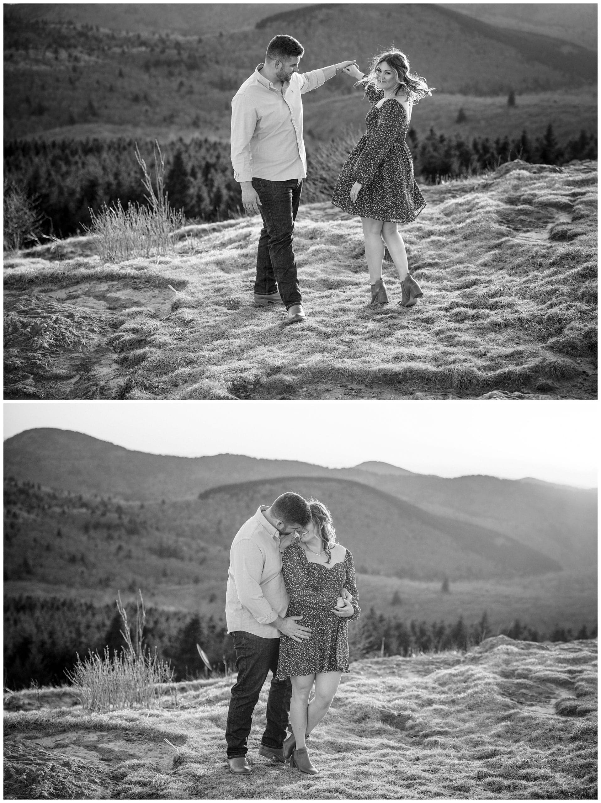 Motion filled black and white photo at black balsam by Asheville Engagement Photographer Kathy Beaver 