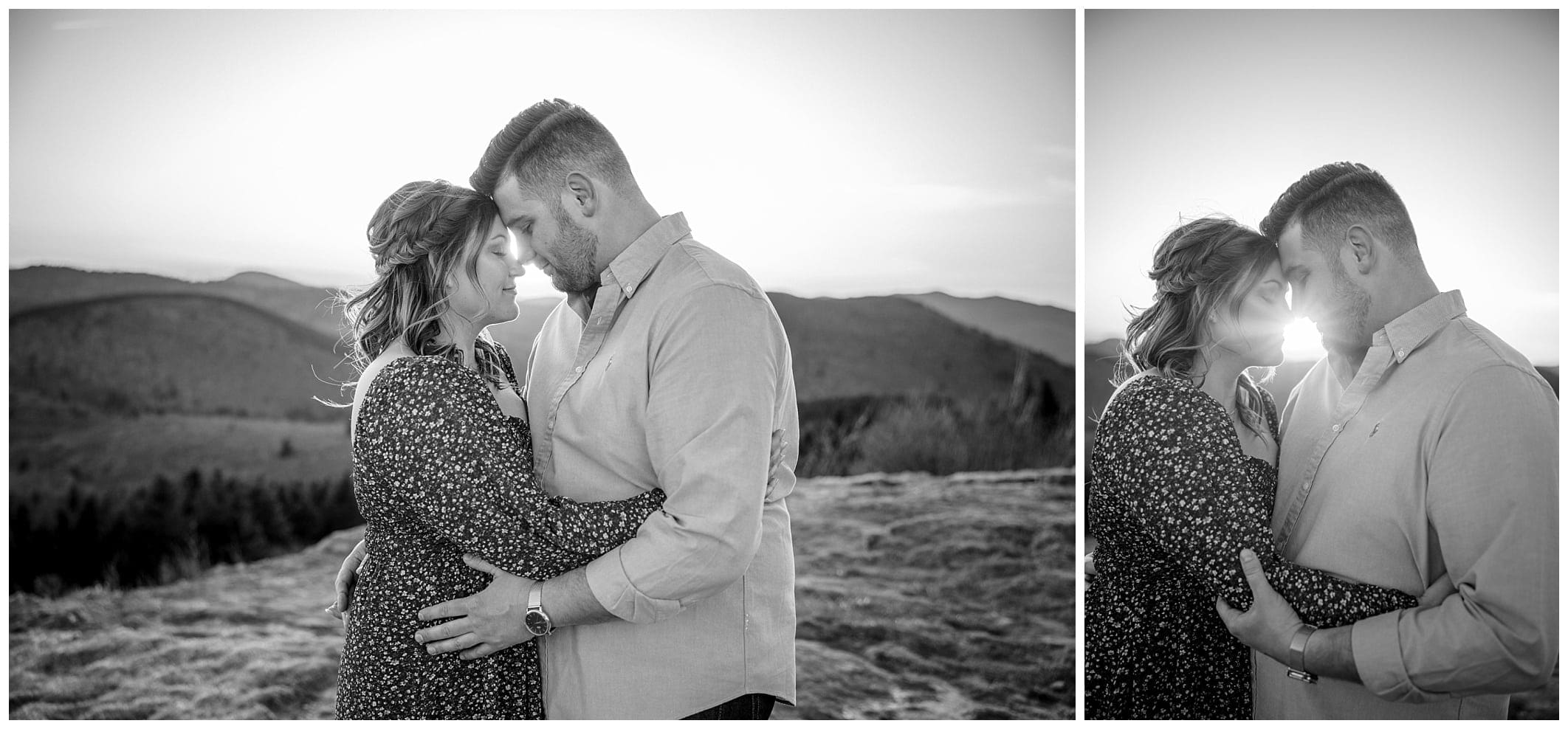 emotion filled black and white Asheville engagement photos with sun shining through the couple