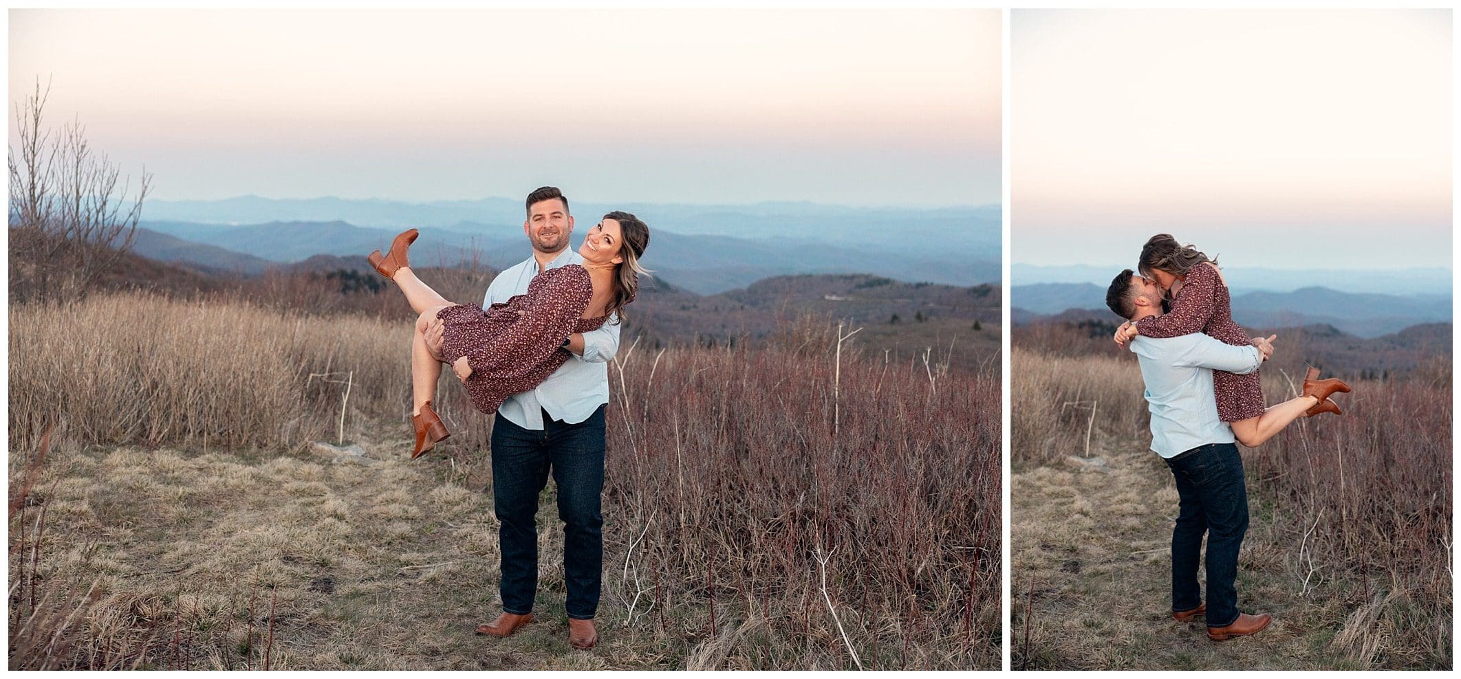Joyful engagement photos at sunset with mountain views by Kathy Beaver Asheville Wedding Photographer 