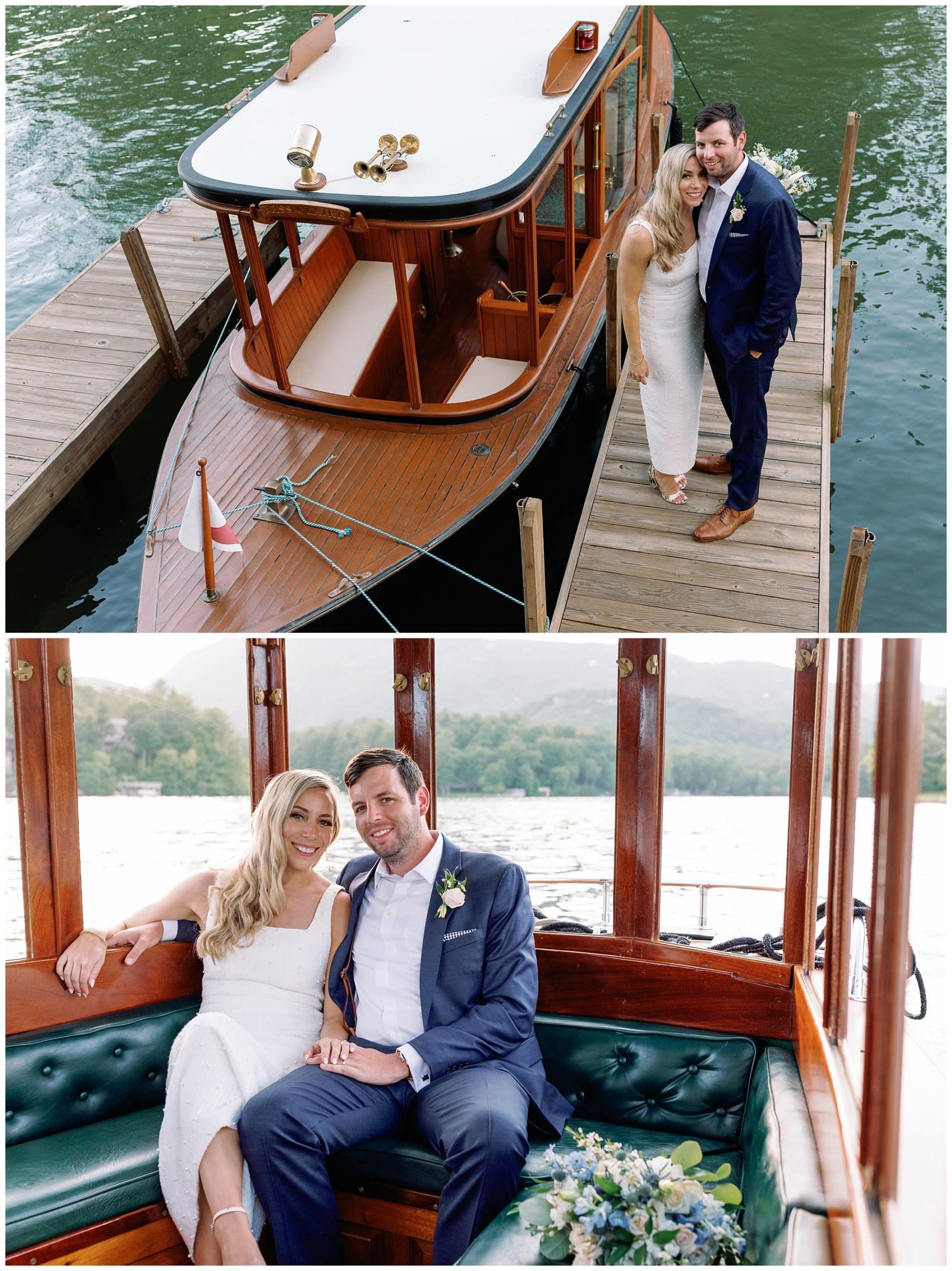 bride and groom take a boat ride for their Asheville wedding