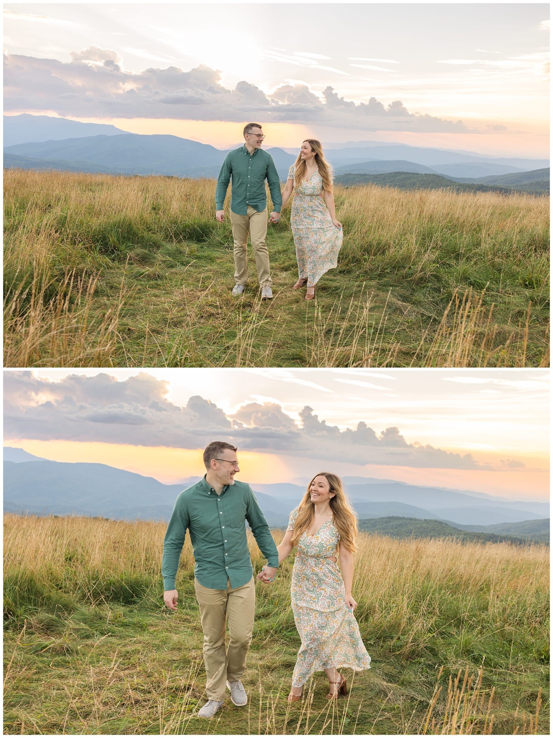 couple walking in grass for sunset mountain engagement in Asheville NC
