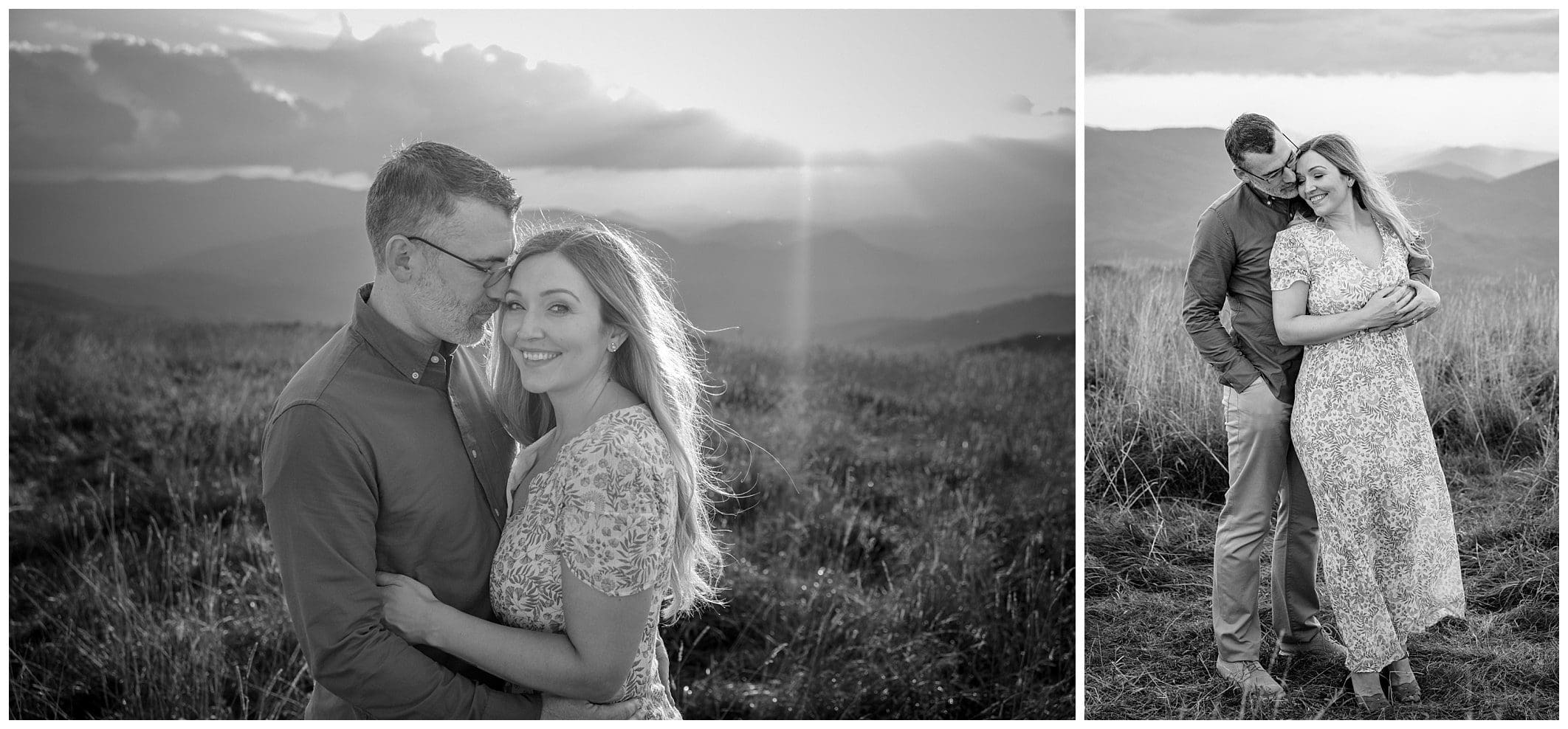 Asheville engagement photographer captures black and white photo of couple in Blue Ridge Mountains