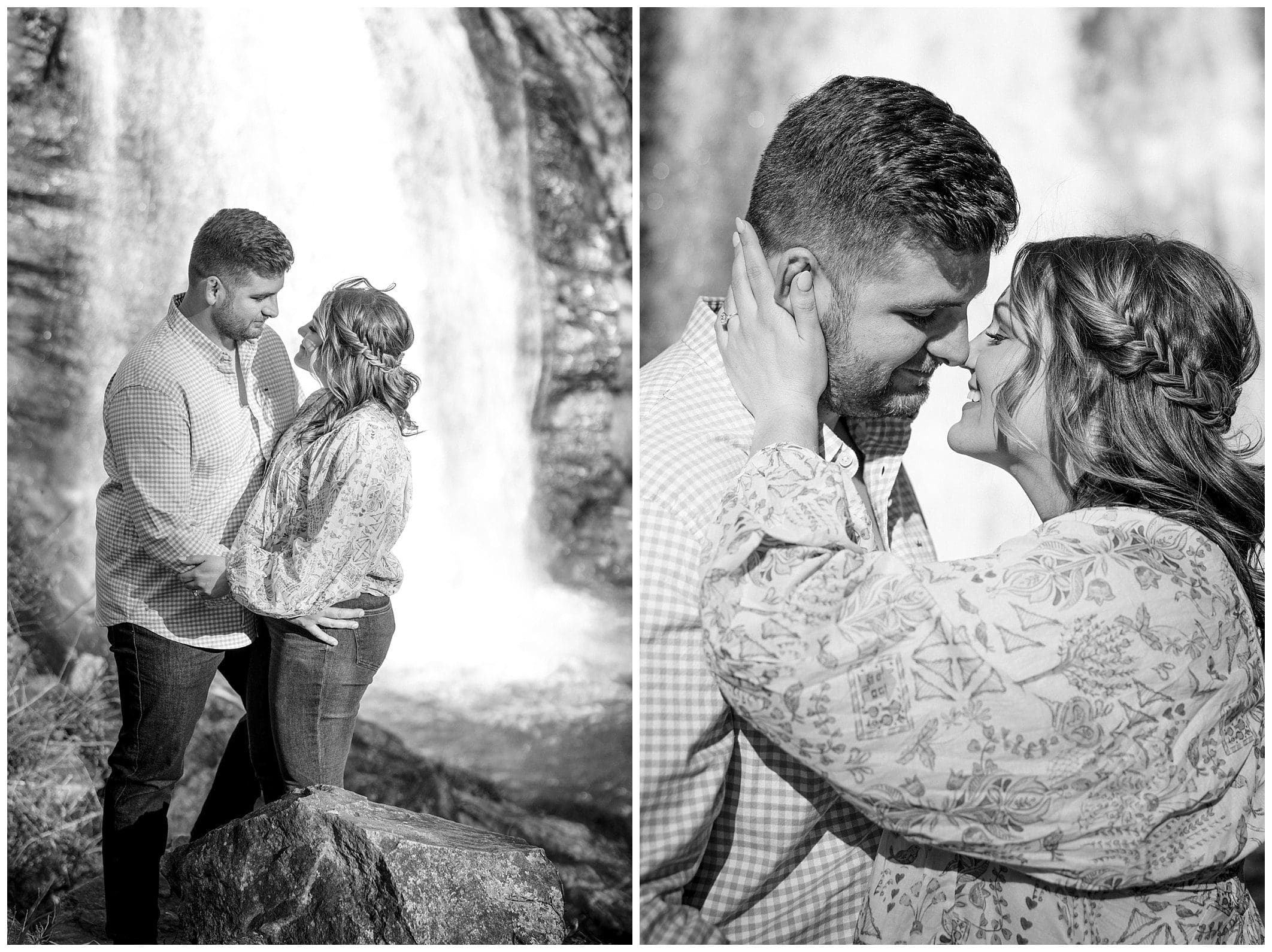 Black and white photos at waterfall in Asheville, NC.