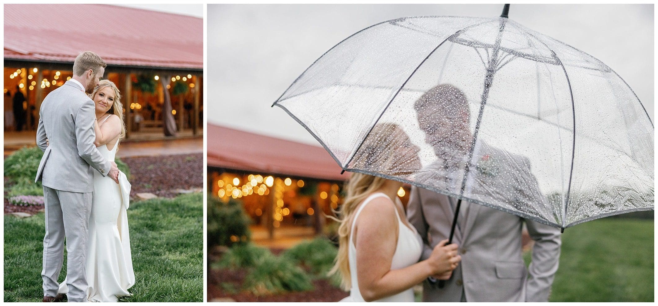 Bride and groom in the rain at their wedding