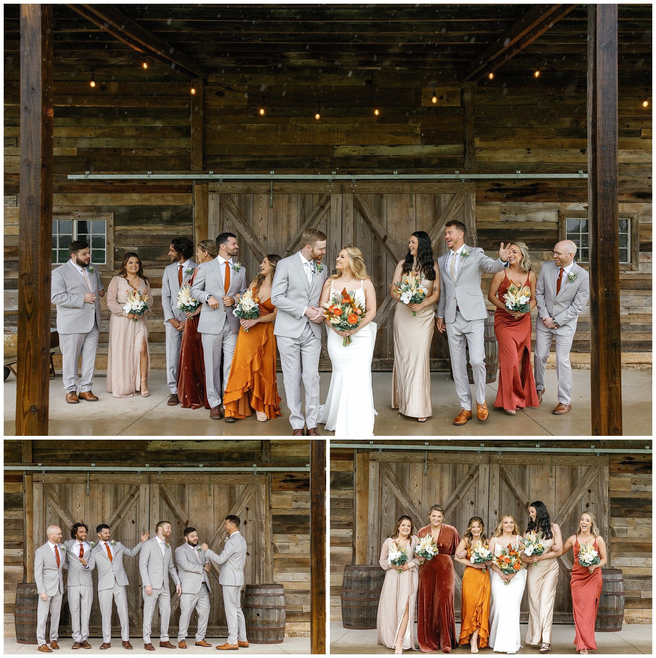 wedding party photos outside farm haven wedding venue on porch bridesmaids shades of taupe and orange 