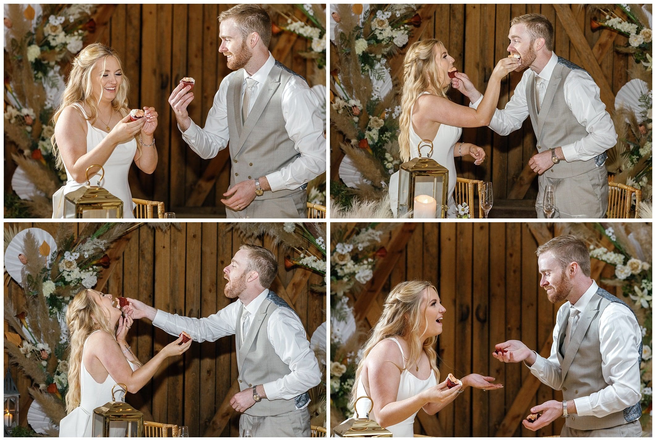 bride and groom share a cupcake