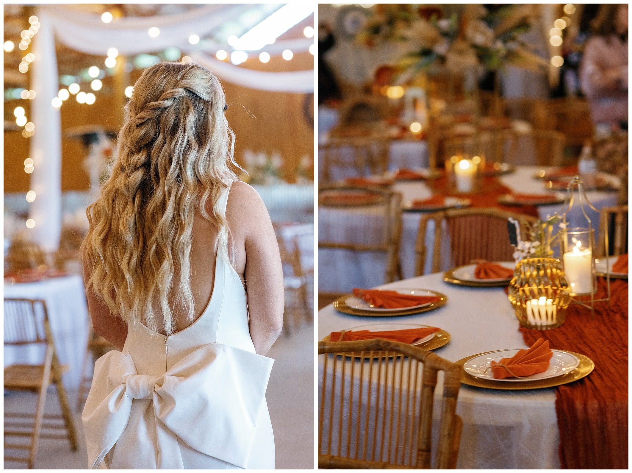 bride takes a look at the reception  decor at her NC wedding