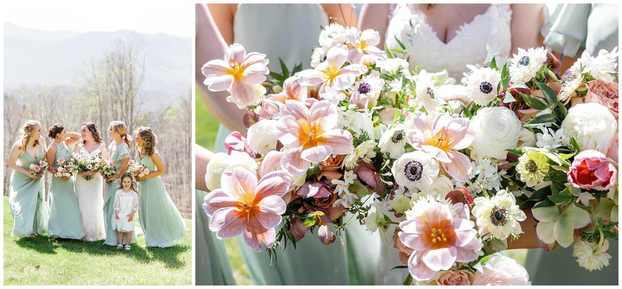 Joyful spring wedding at parker mill with spring blooms of pink and whie with accents of yellow