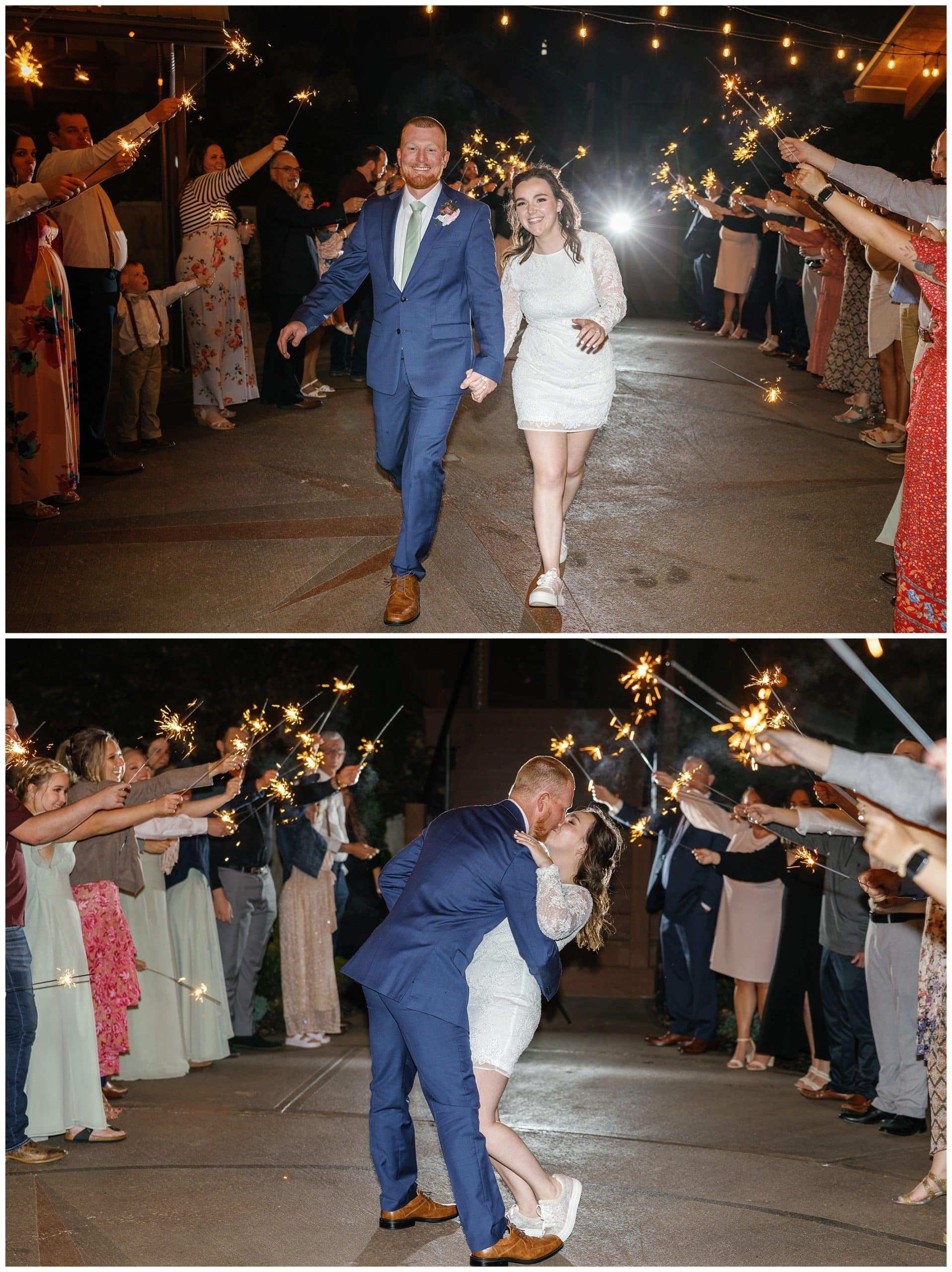 sparkler exit photos with couple surrounded by friends and family for wedding at parker mill