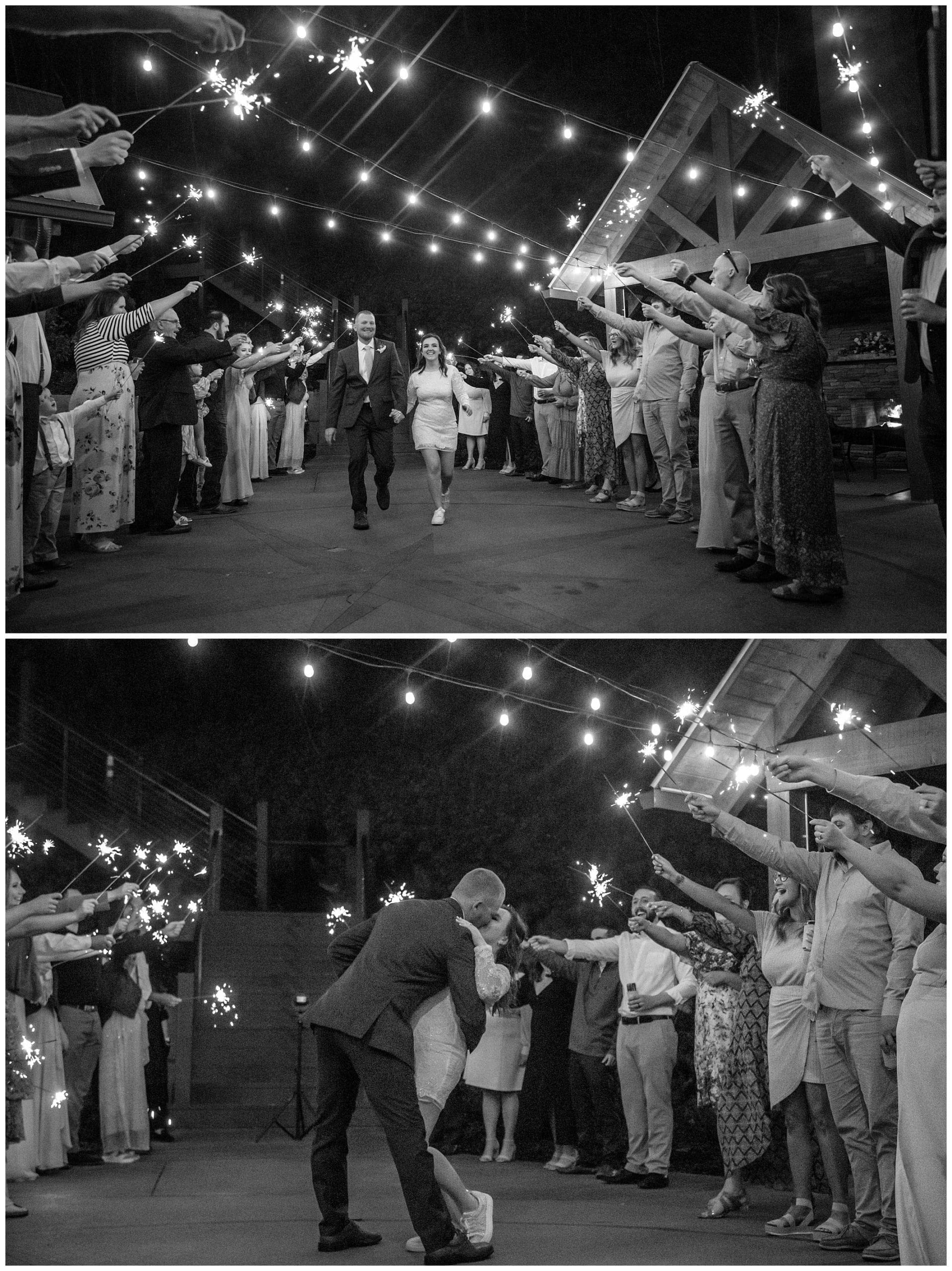 black and white sparkler exit photos for wedding at parker mill in North Carolina