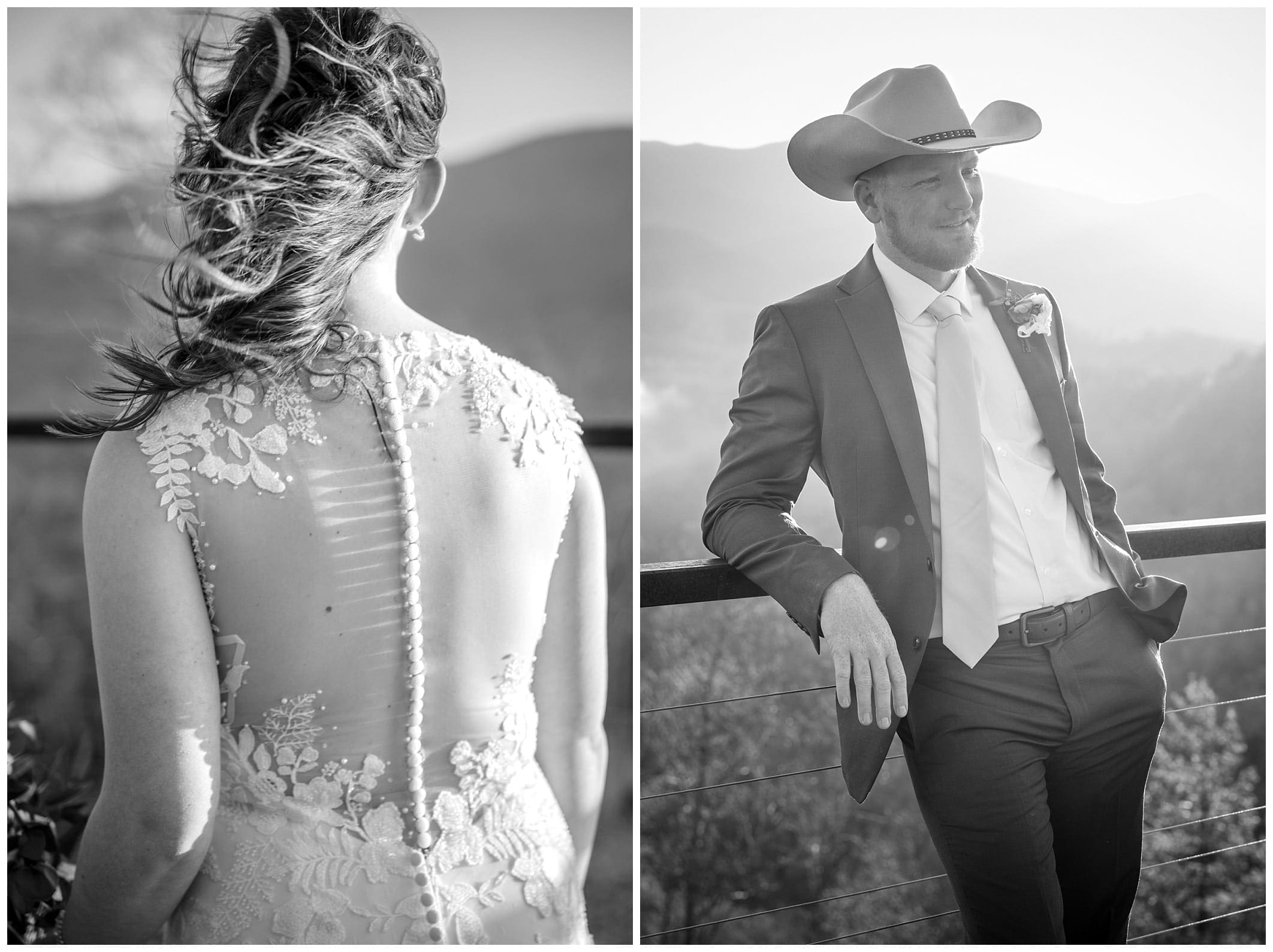 back of bride's dress with the wind blowing in her hair - groom portrait in black and white