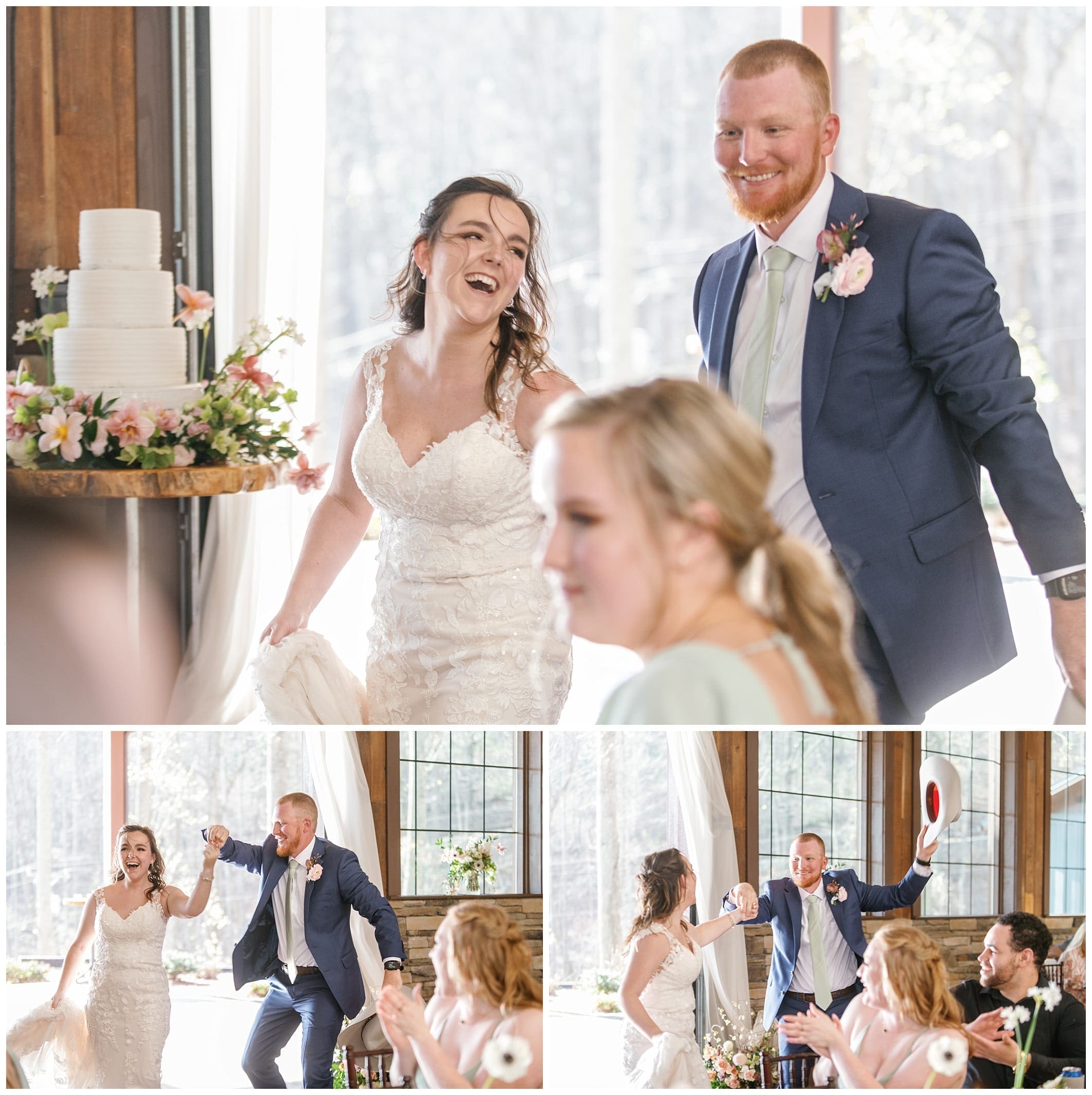 Joyful spring wedding at parker mill - bride and groom make entrance into the reception while laughing and having fun