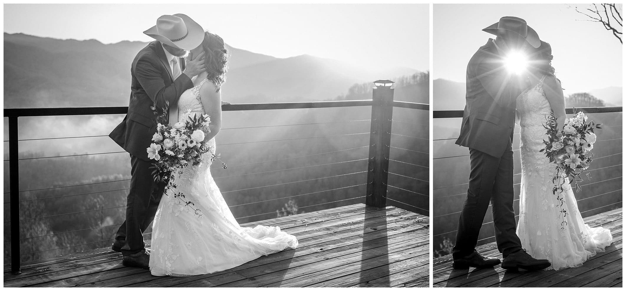 Black and white sunset photos with sunburst - groom is wearing a cowboy hat and bride is holding bouquet