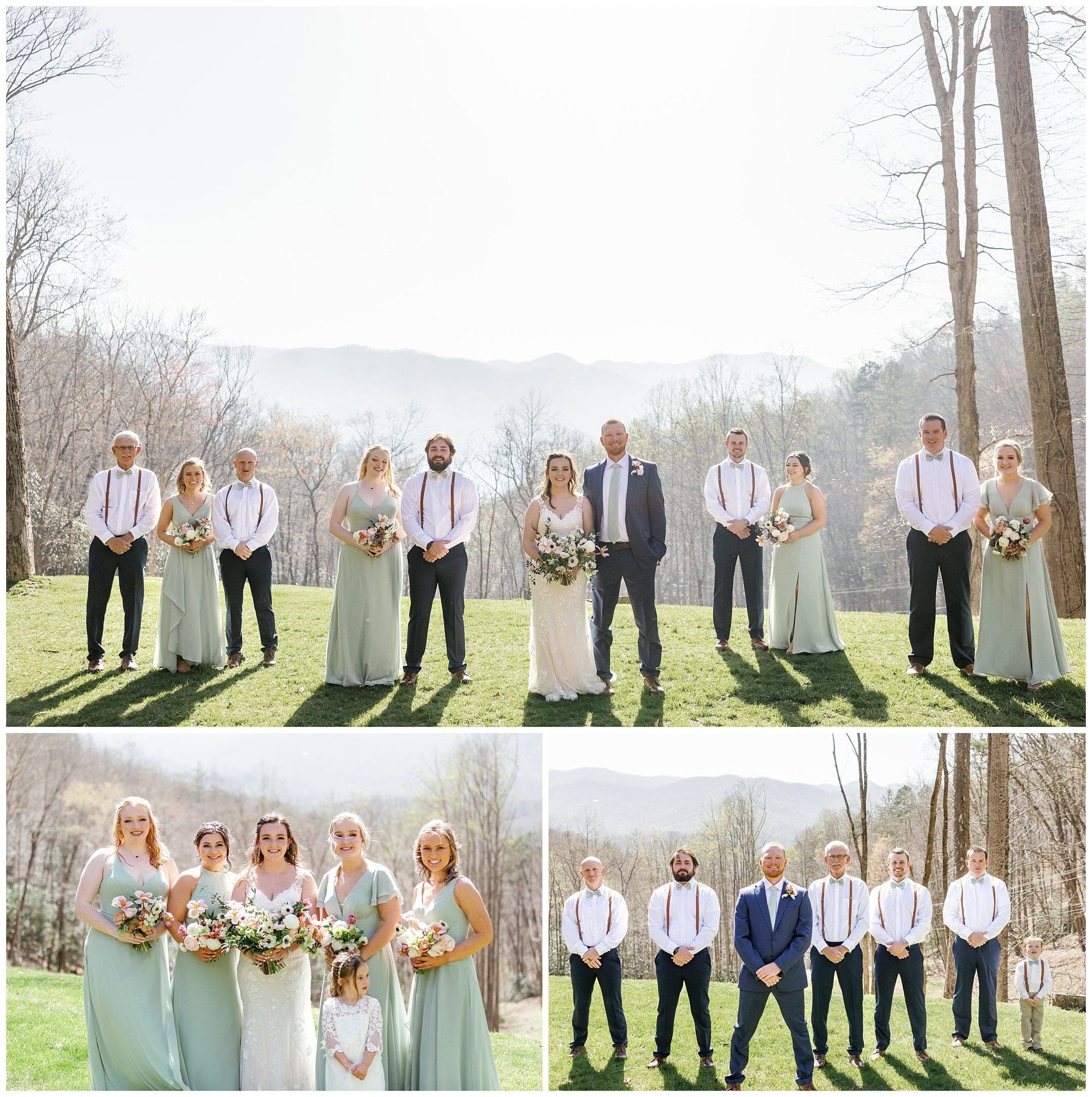 Bridal party photos at spring wedding, light green bridesmaids dressed and spring bouquets with pinks and pops of yellow