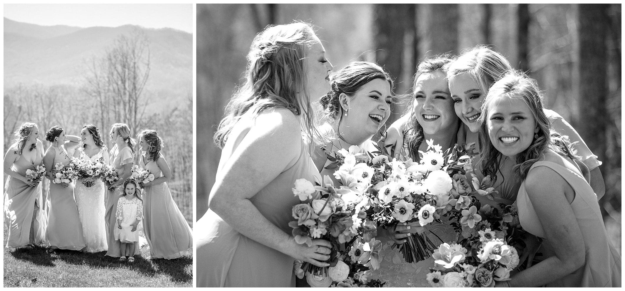 Black and white photo of bridesmaids laughing and having fun at joyful spring wedding at parker mill in NC