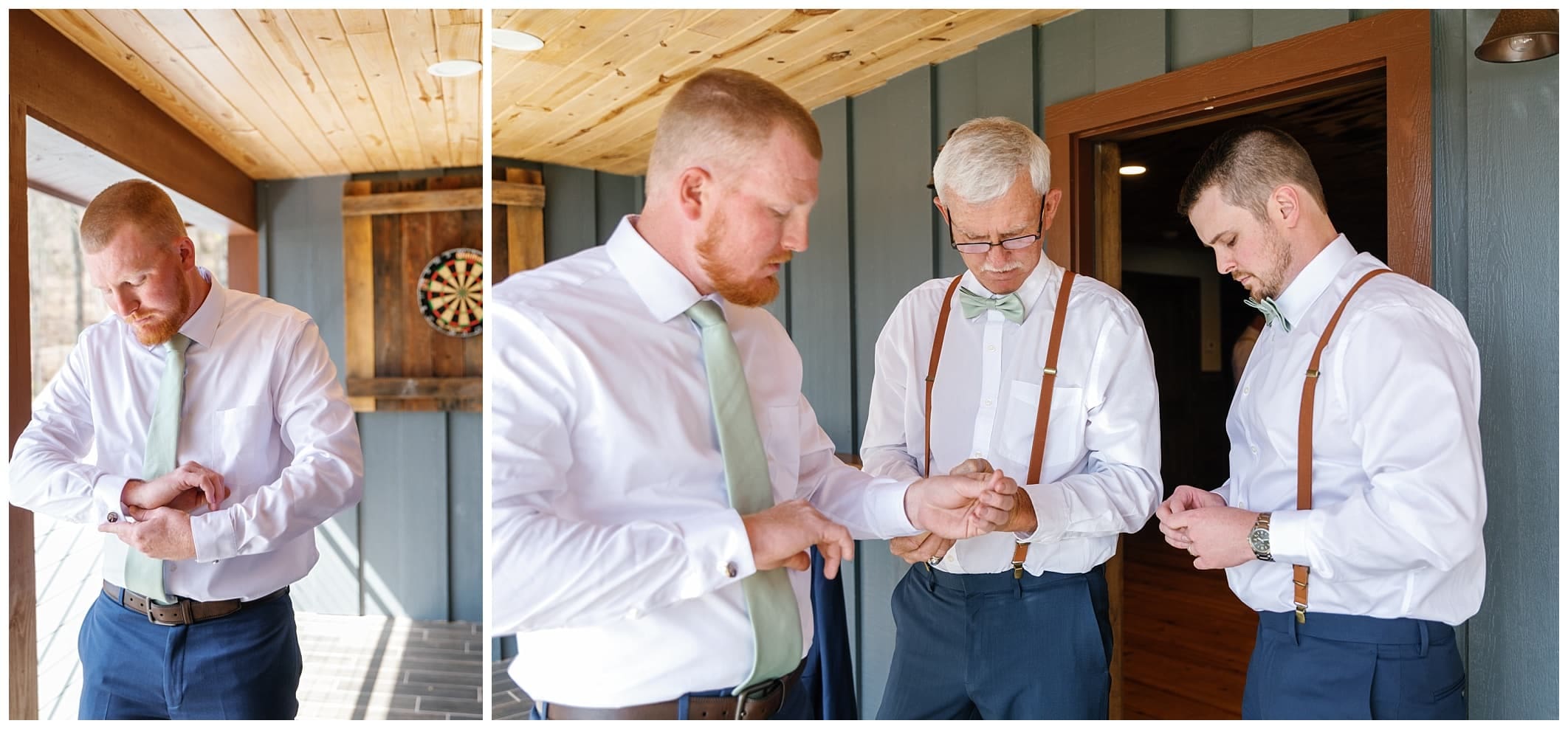 Groom and groomsmen getting ready on porch outside the groom's den at Parker Mill Venue in North Carolina