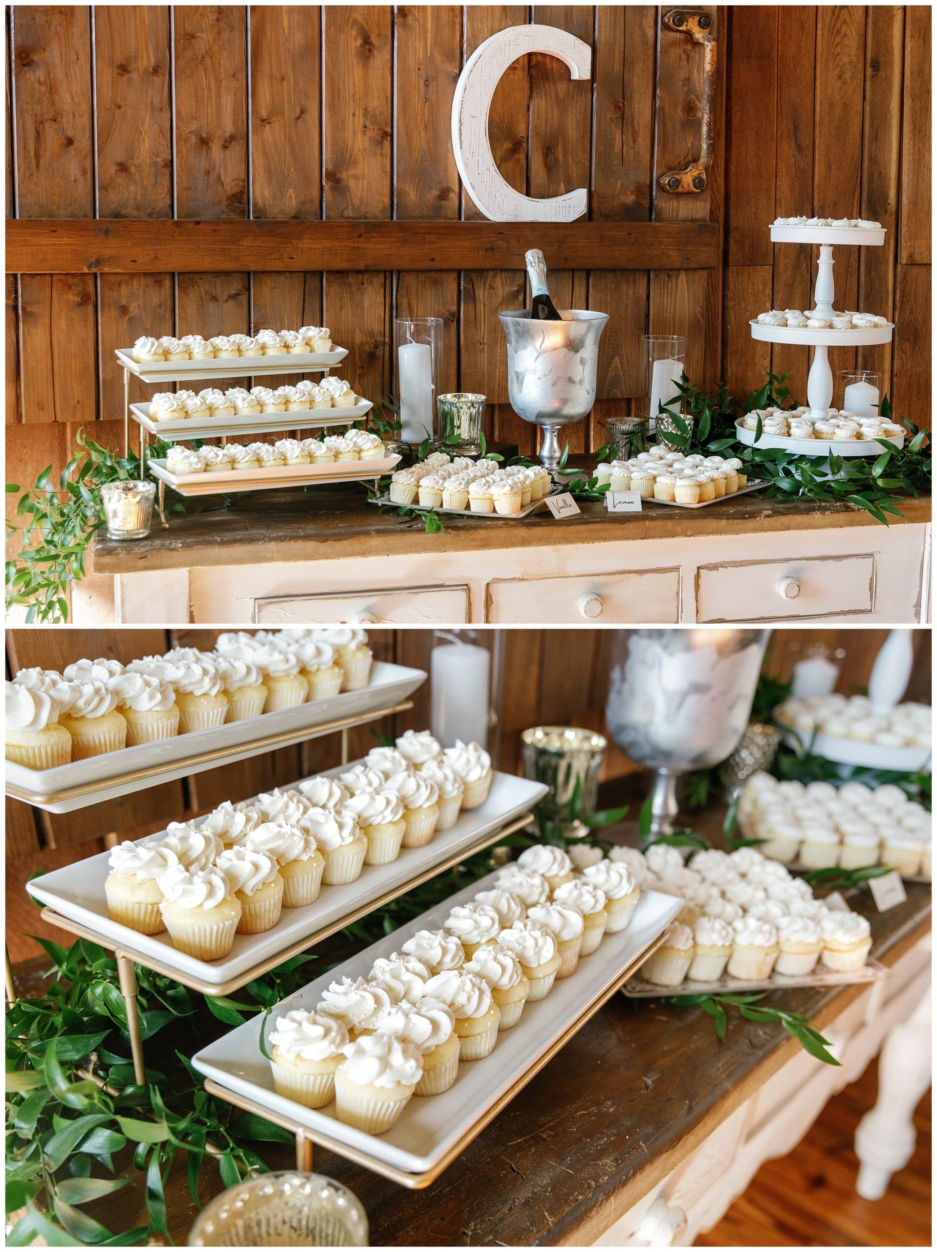 Cupcake display at wedding reception with white icing