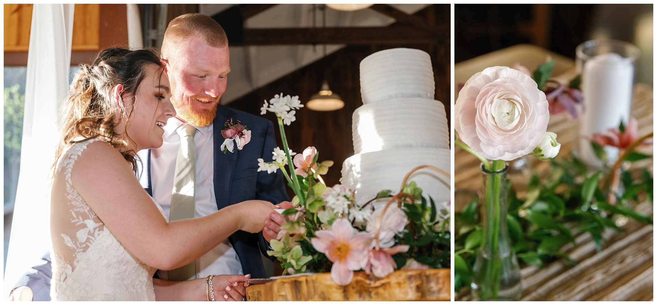 Bride and groom cutting cake surrounded by spring flowers of pink