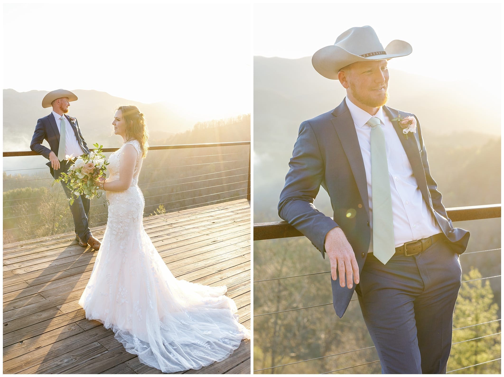 Bride and groom photos at sunset at Parker Mill venue with mountain views in the background