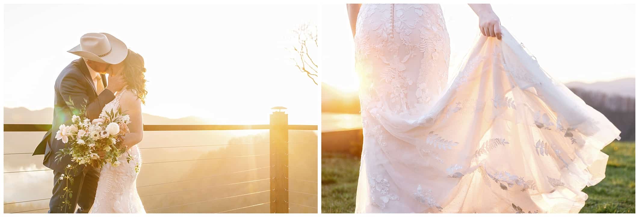 Wedding photos during the golden hour at mountain views. Brides dress with golden light shining through it.