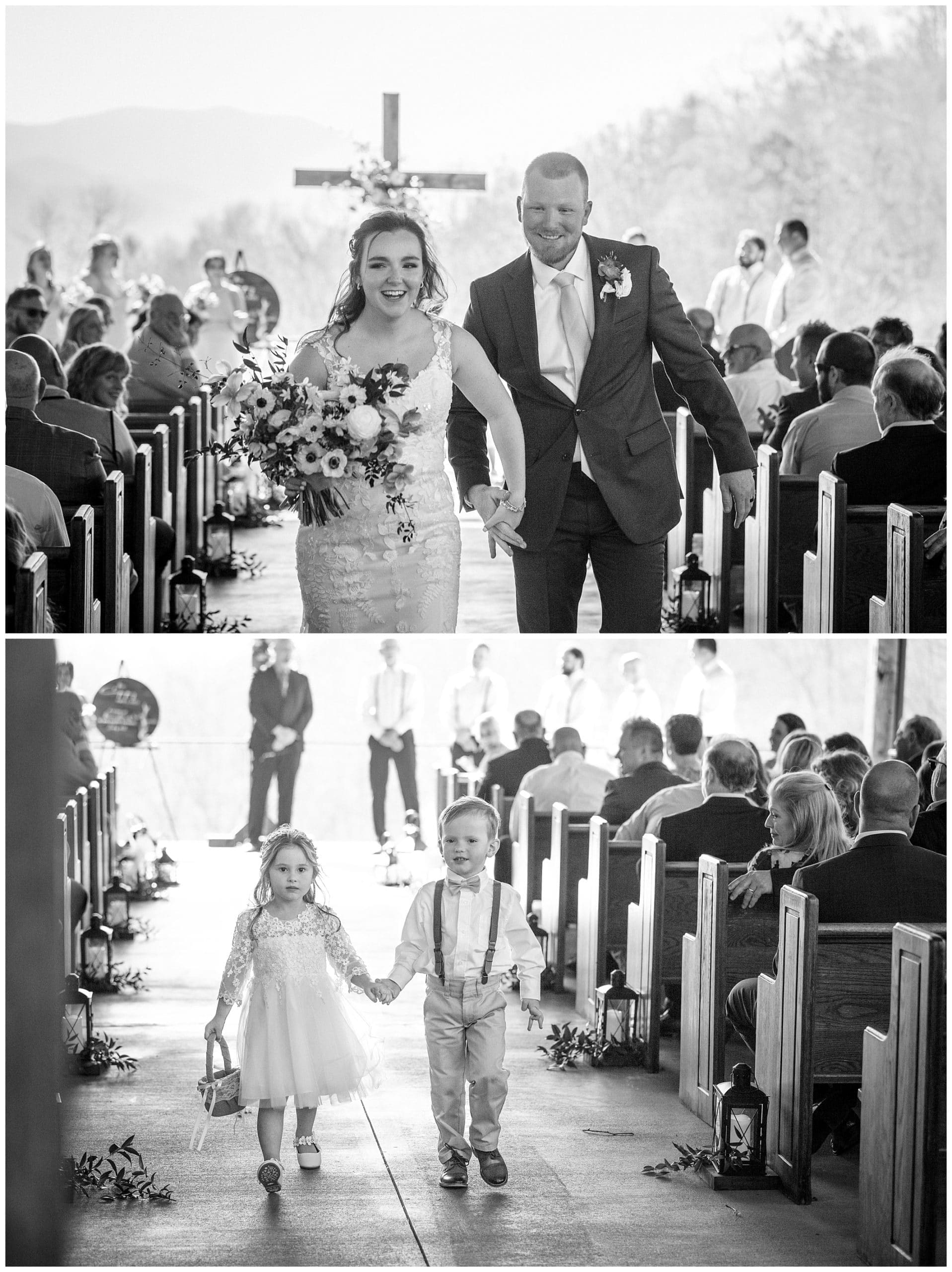 Bride and groom exit ceremony followed by ring bearer and flowergirl holding hands and smiling