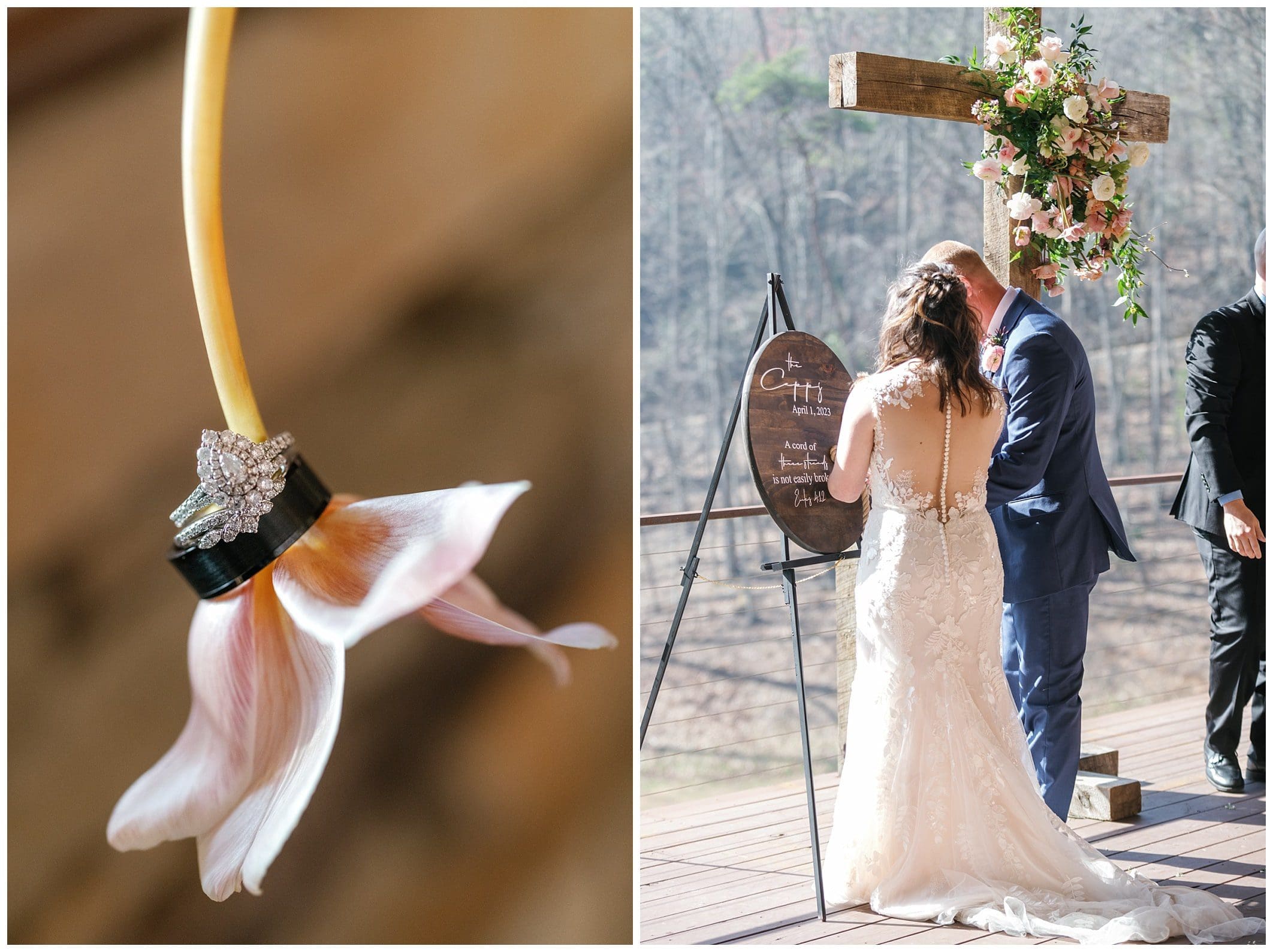rings on a flower, bride and groom tying cords at ceremony Parker's Mill