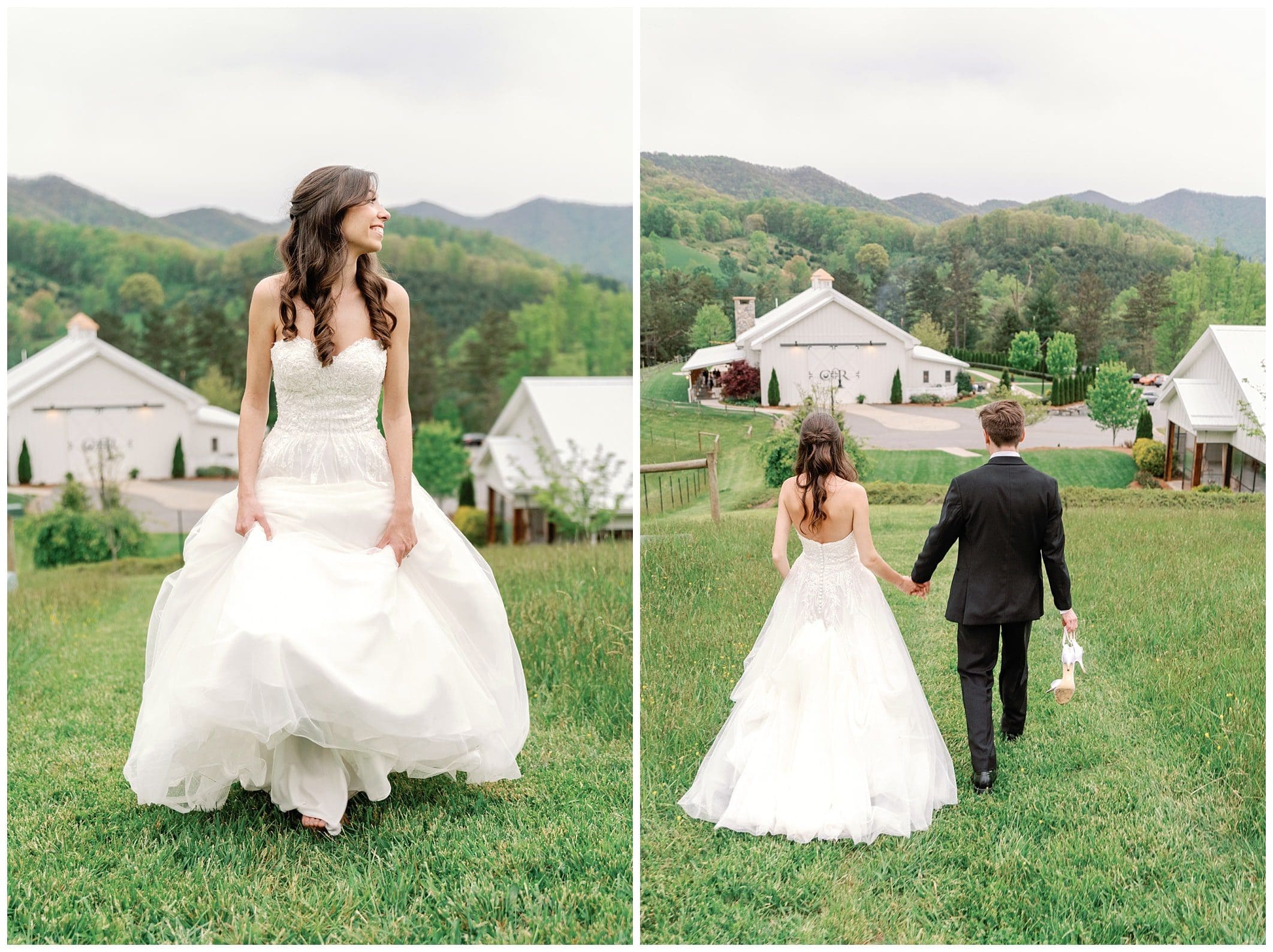 Bride and groom hold hands and walk in grass overlooking Chestnut Ridge Wedding Venue