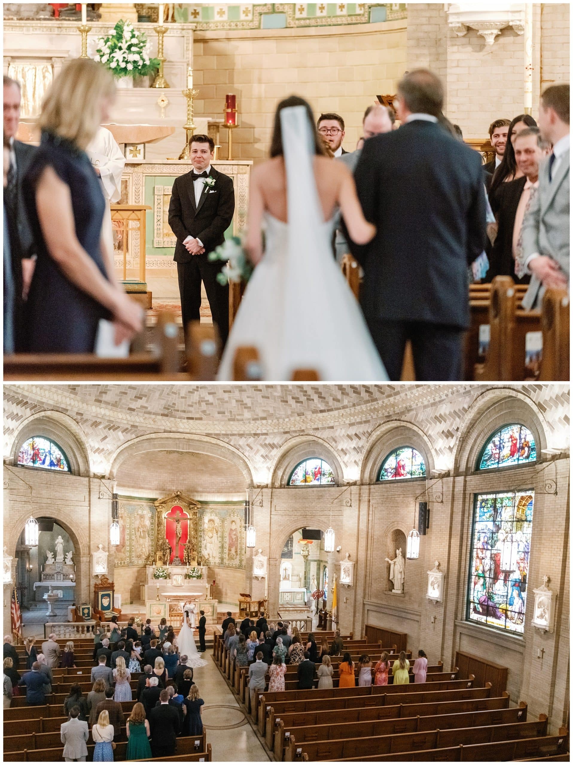 groom is emotion as bride walks down the aisle at Basilica of st Lawrence wedding