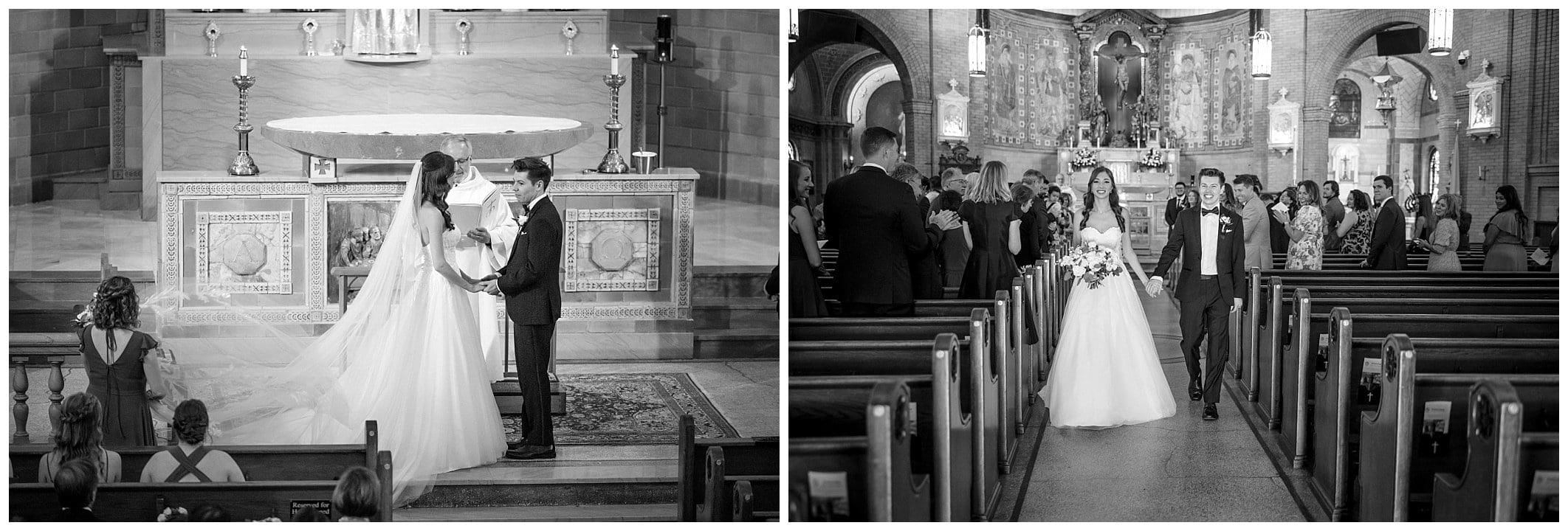 black and white photo of bride and groom at basilica of st lawrence wedding 