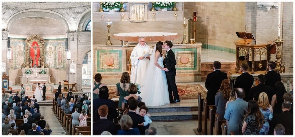 bride and groom share a first kiss at basilica of st lawrence wedding