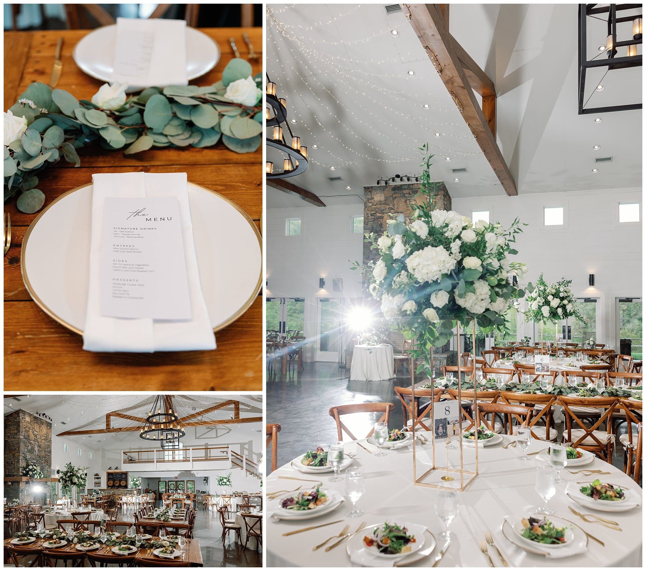 green and whit ewedding decor at Chestnut Ride WEdding Venue in Canton NC