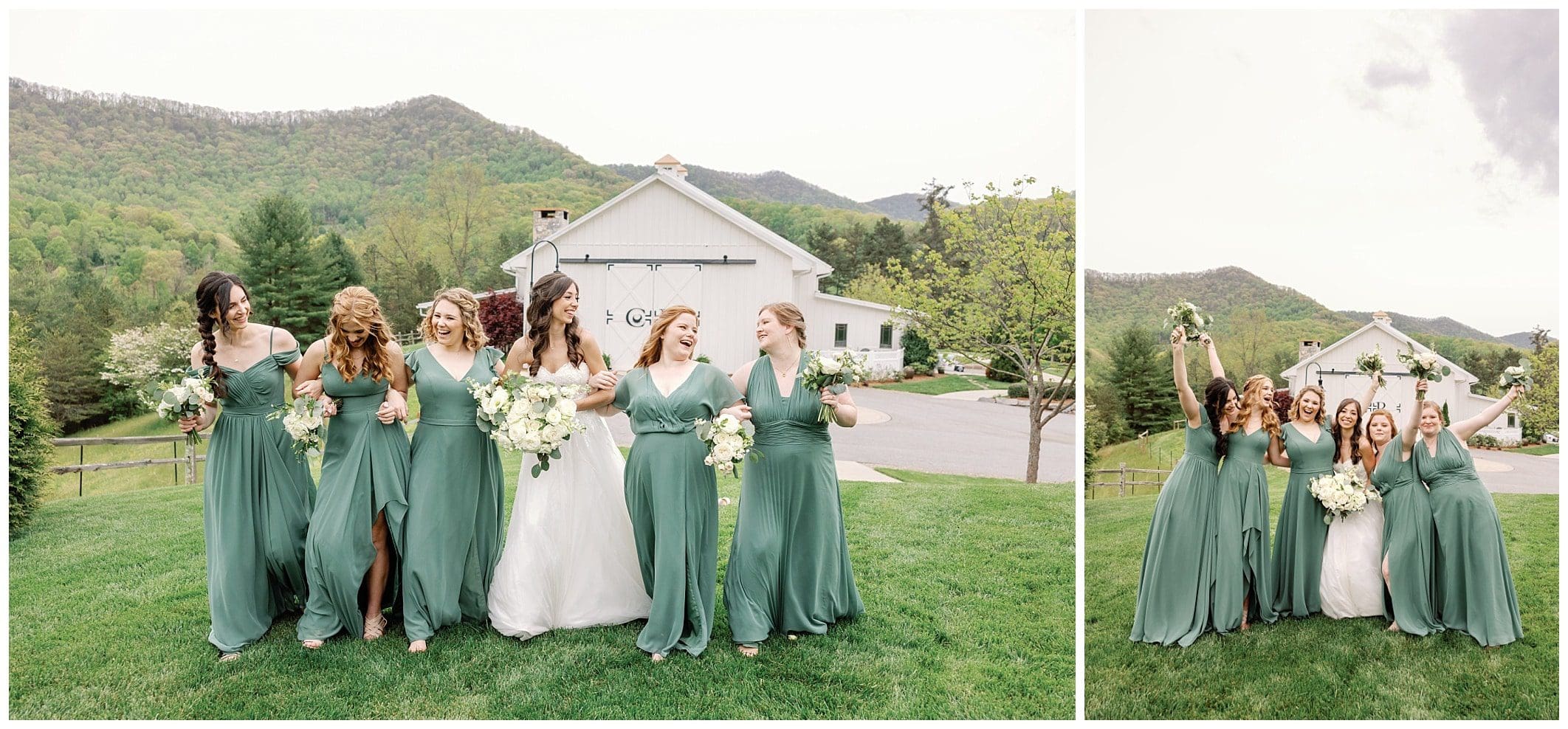 bride and bridesmaids in light green dresses at spring wedding
