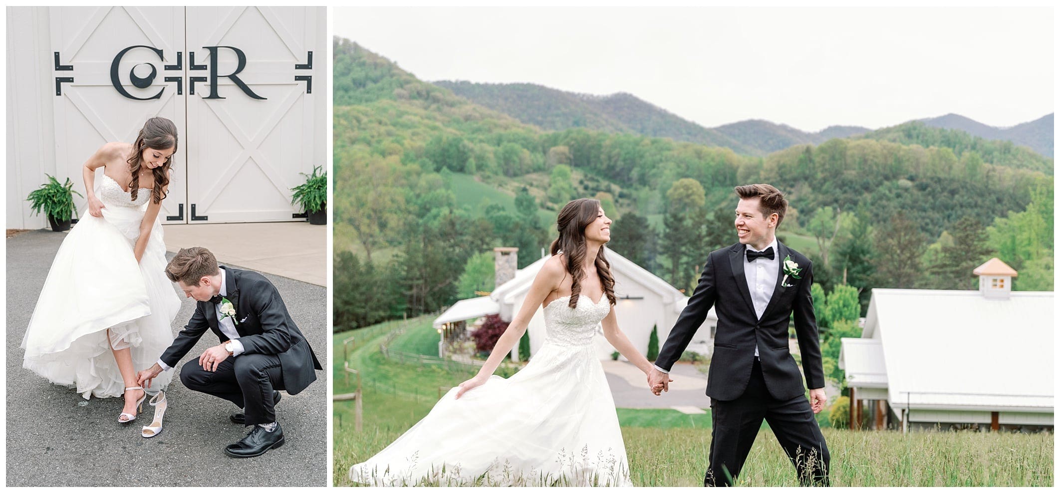 groom taking bride's shoes off to walk throug a field at Asheville wedding venue 