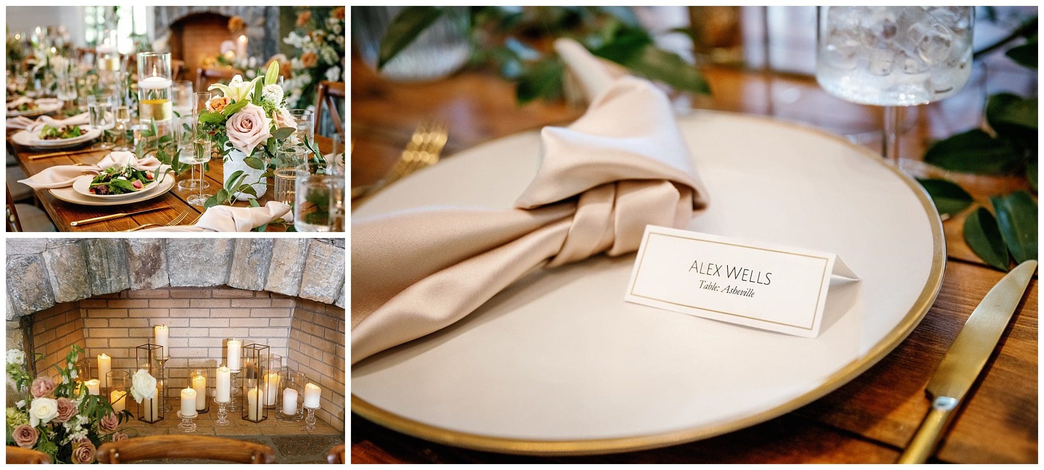 blush and gold reception details in Asheville