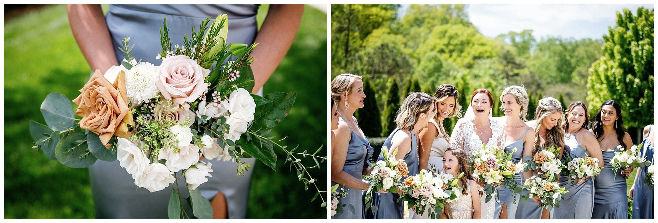 Bride laughing with bridesmaids while holding flowers at spring destination wedding at Chestnut Ridge