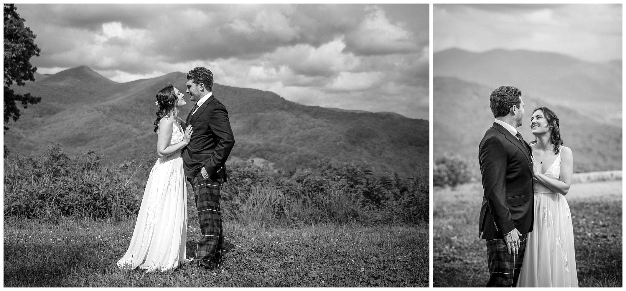 black and white bride and groom photos  in Blue Ridge mountains