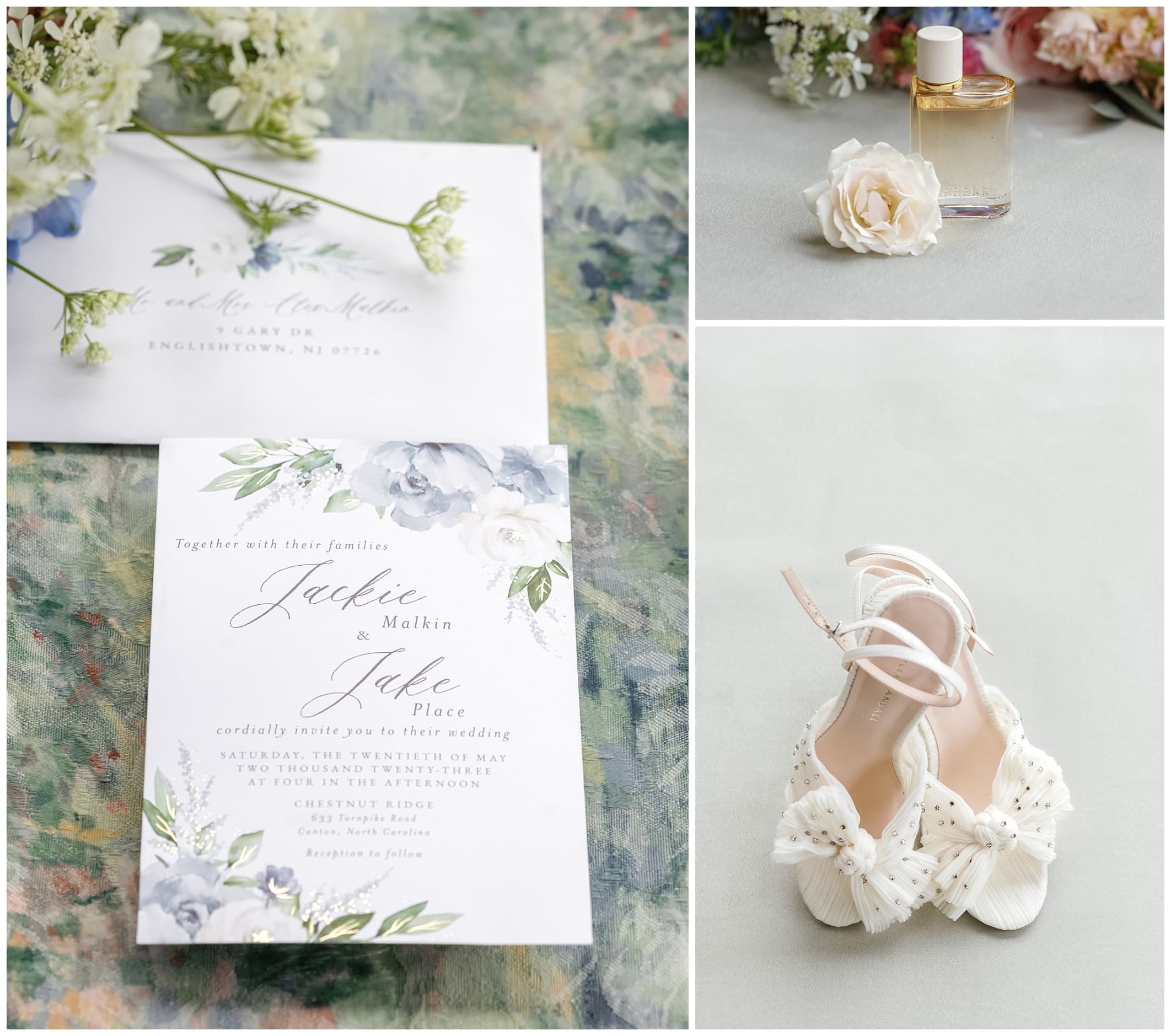 Detail photos of invitation suite, bride's shoes and perfume on Monet inspired backdrop.