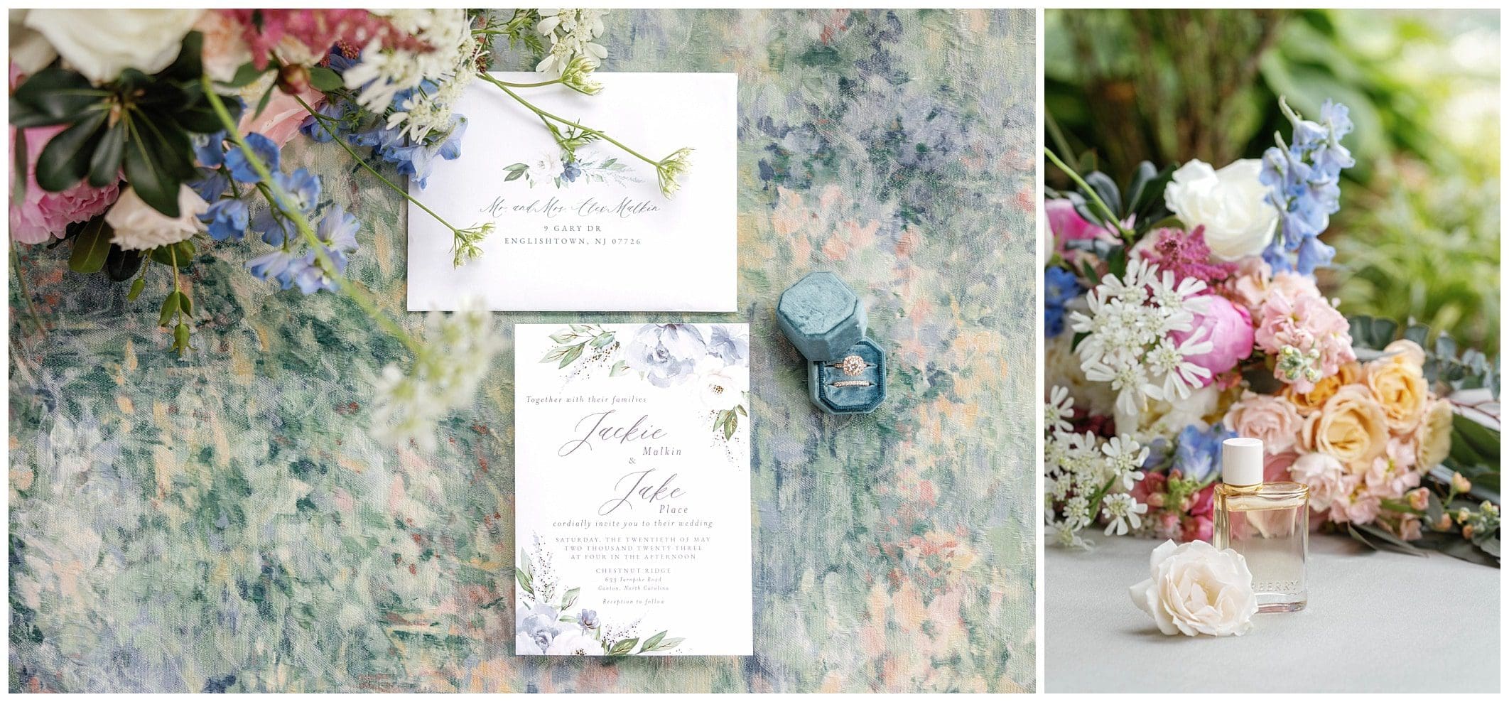 spring wedding with blue accents on invitation suite