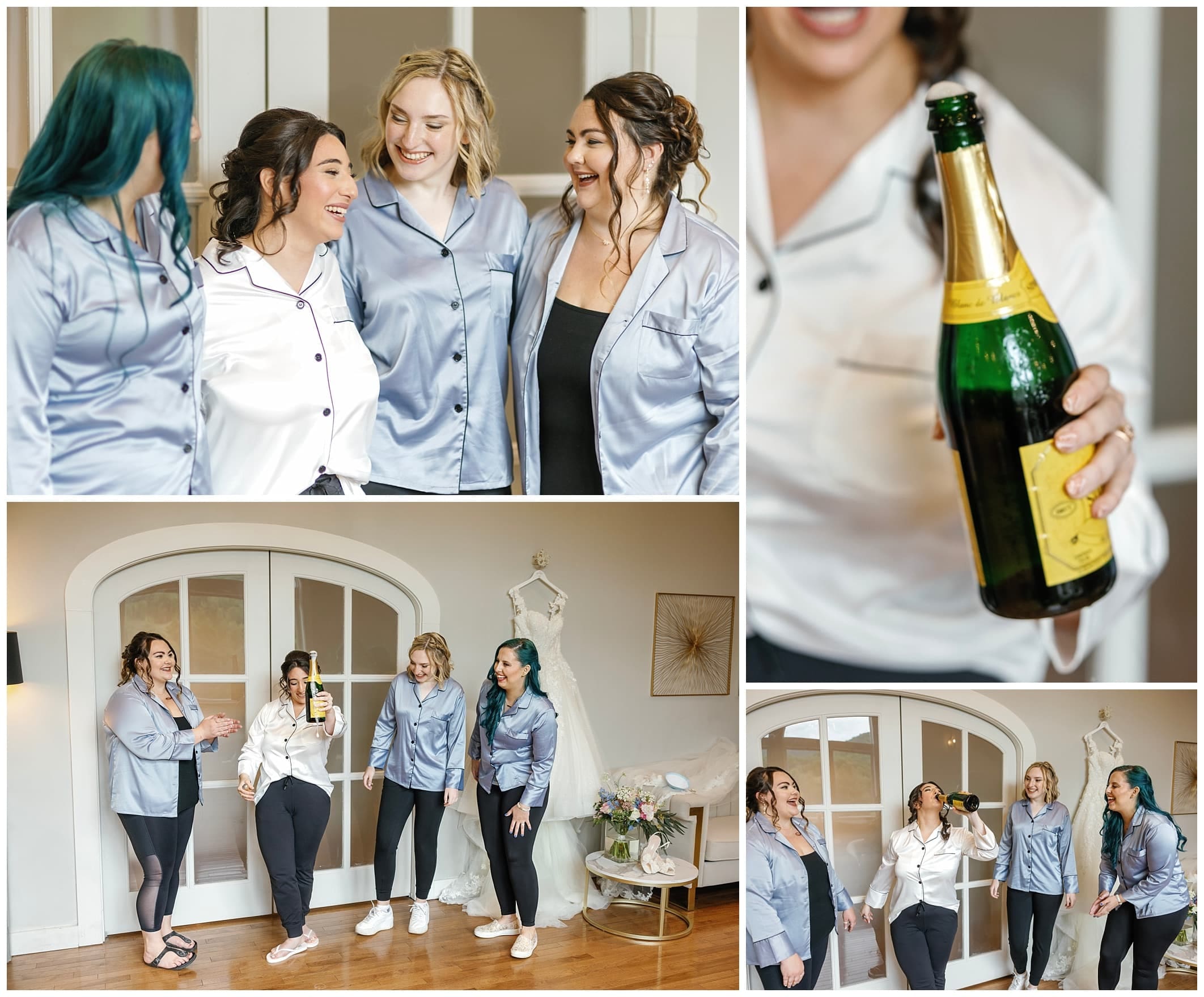 Bride and bridesmaids in pjs pop open a bottle of champagne before wedding ceremony