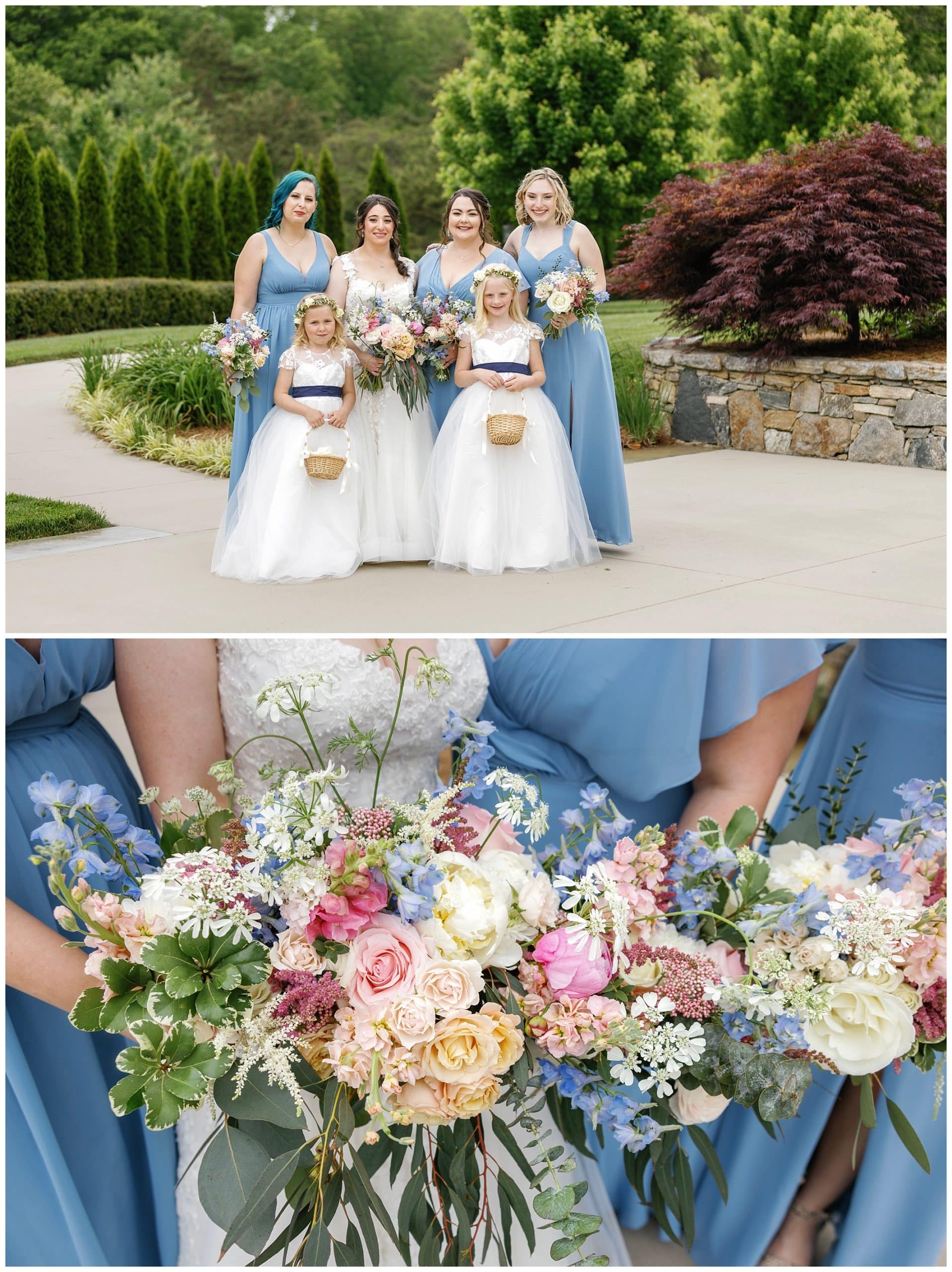 Bouquets of pink , peach and blues for spring wedding at Chestnut Ridge 