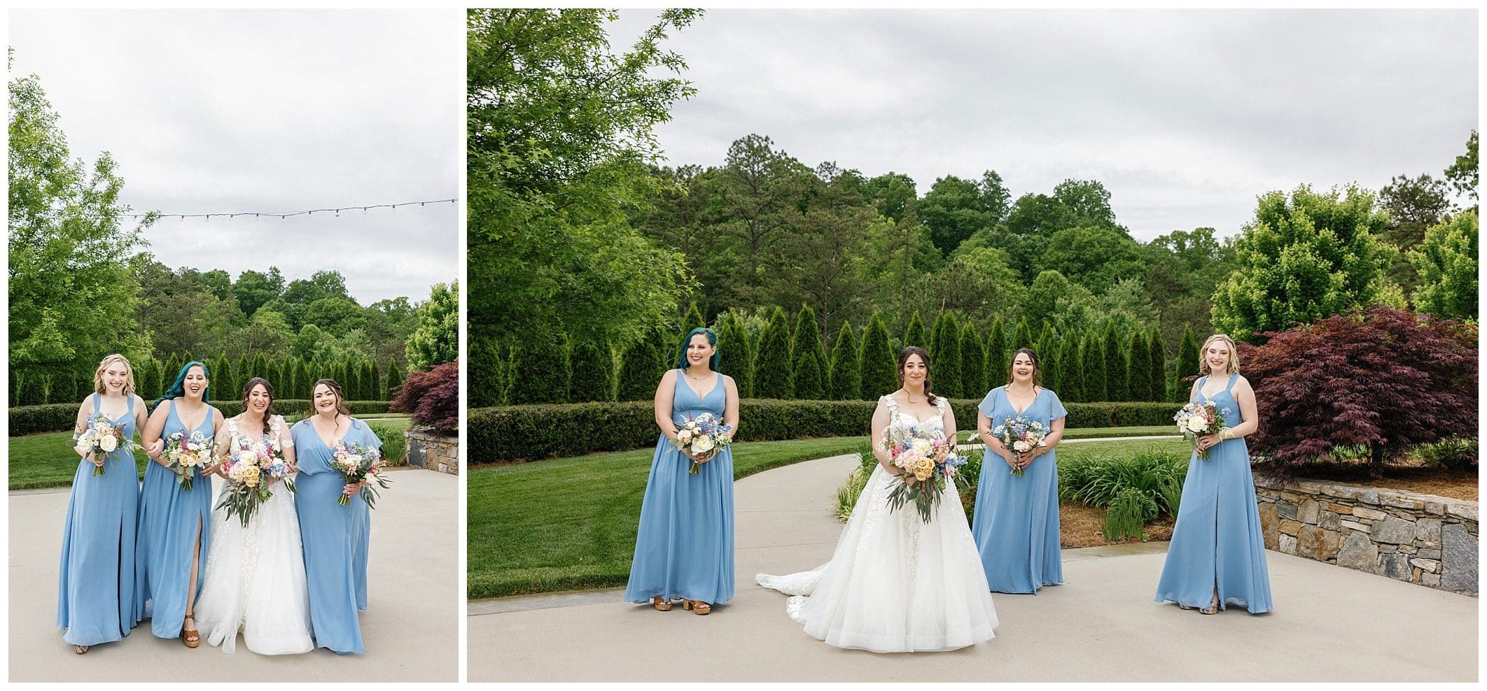 Bride with bridesmaids wearing blue dresses with spring flowers with blue, pink and yellow