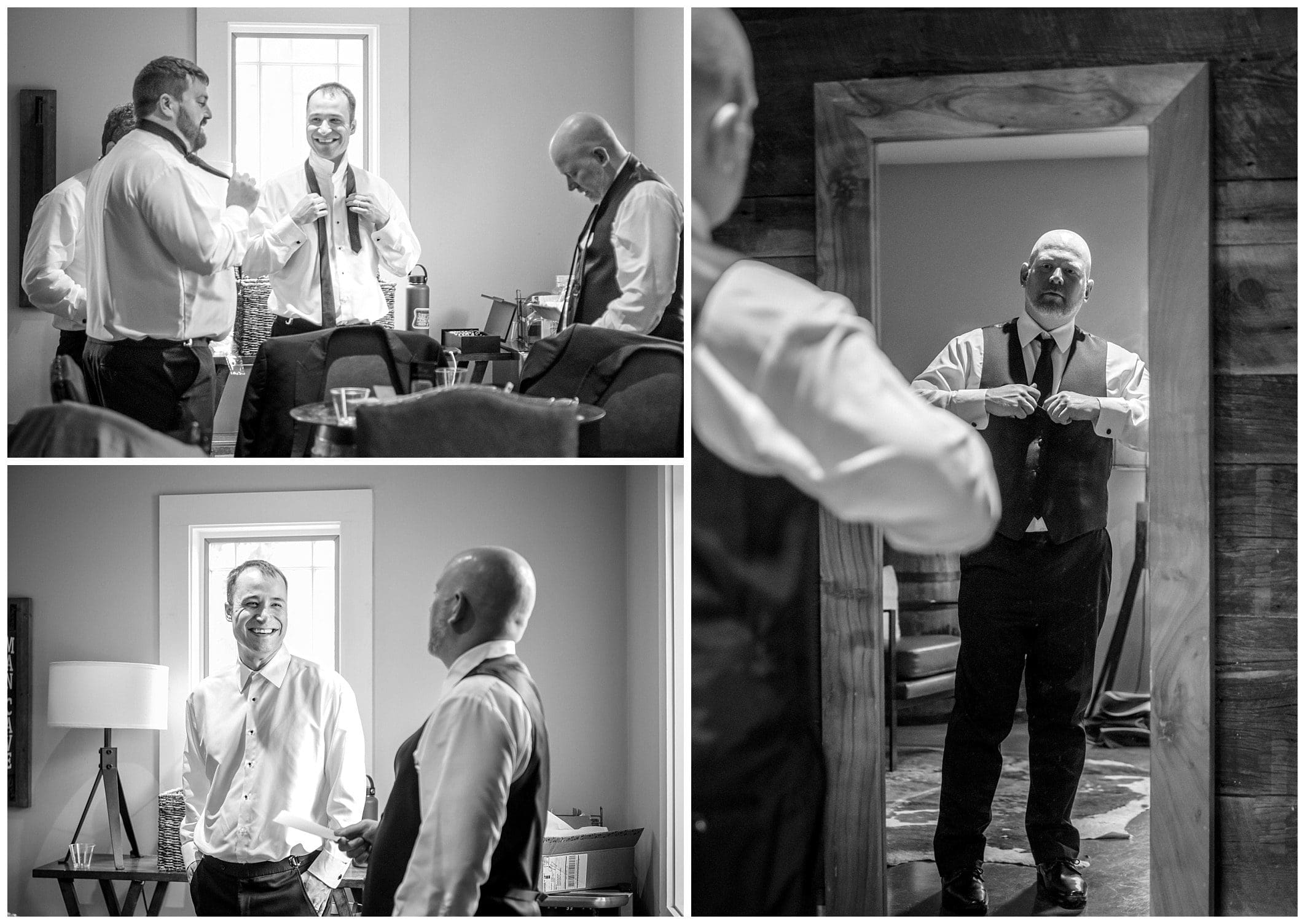 black and white photos of the groom and groomsmen getting ready at Chestnut Ridge 