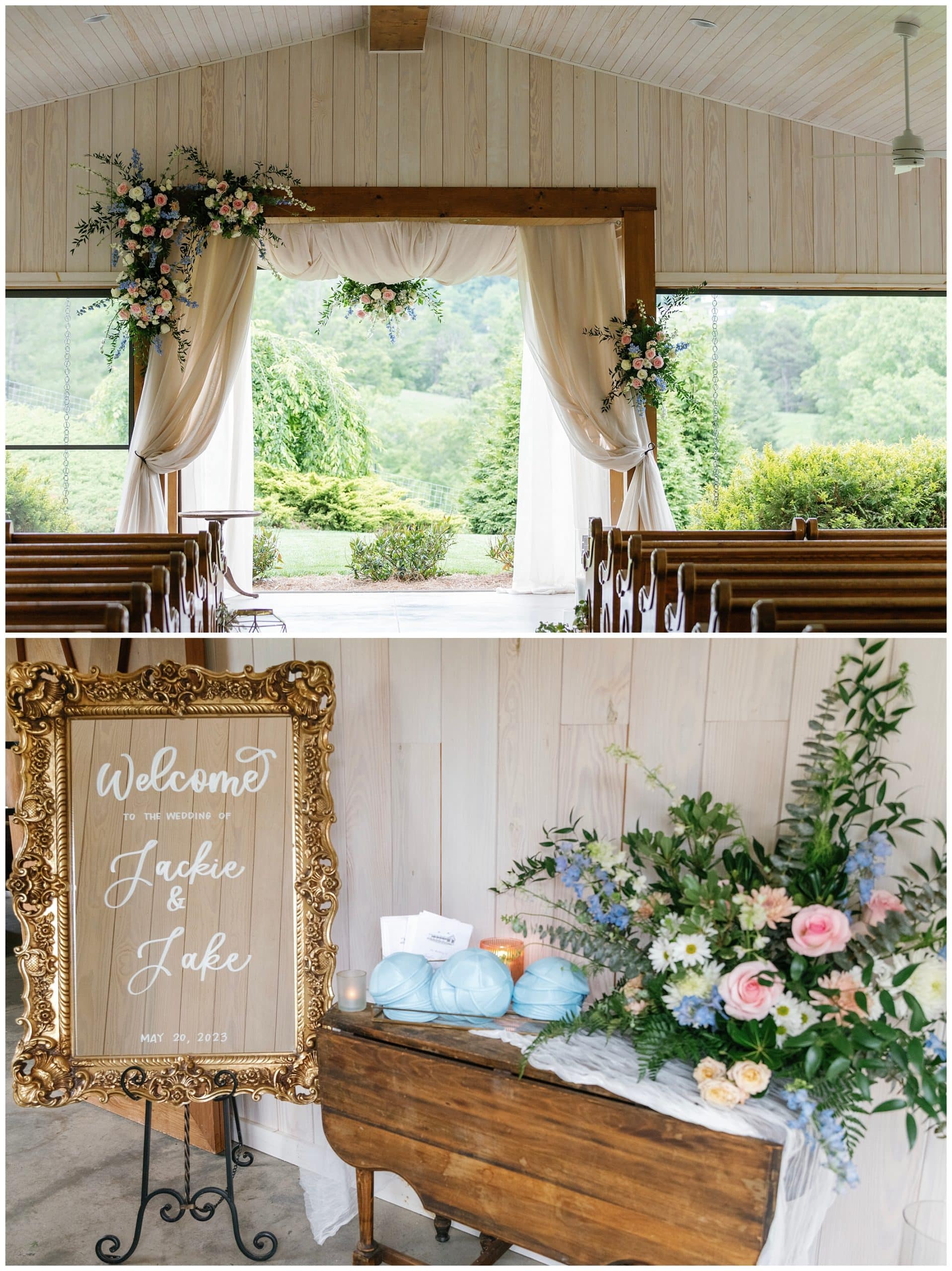 Welcome sign with lettering on mirror and flowers surround front of ceremony area. 